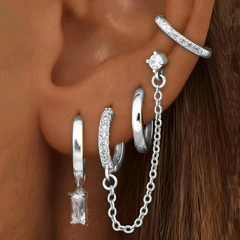 4PC Chain Huggie Earring Set for Women Fashion Flower Tragus Hoop Earrings Bulk Cartilage Piercing Helix Jewelry Lobe Earing Lot
