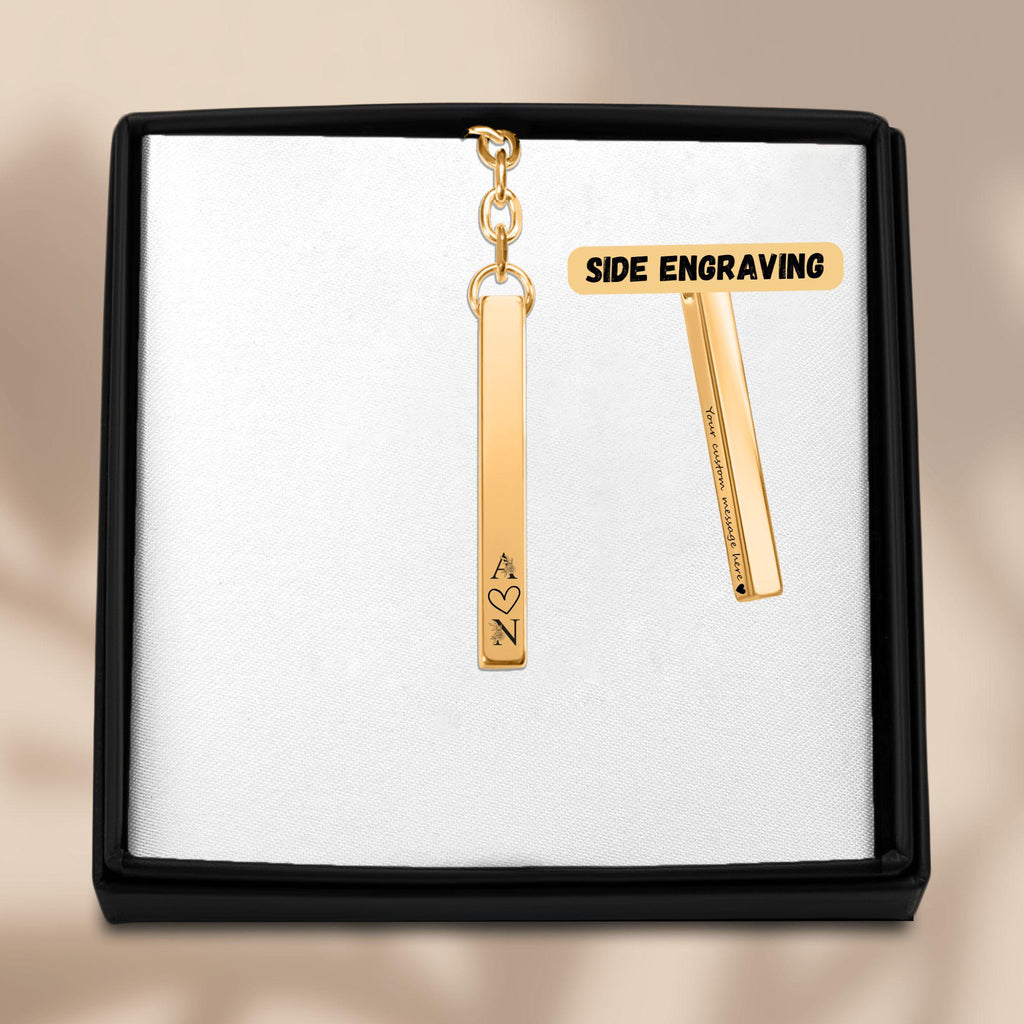 Personalized 3D Bar Keychain with Laser Engraving | Stainless Steel, 18k Gold or Rose Gold Plated Custom Jewelry Gift for Him or Her