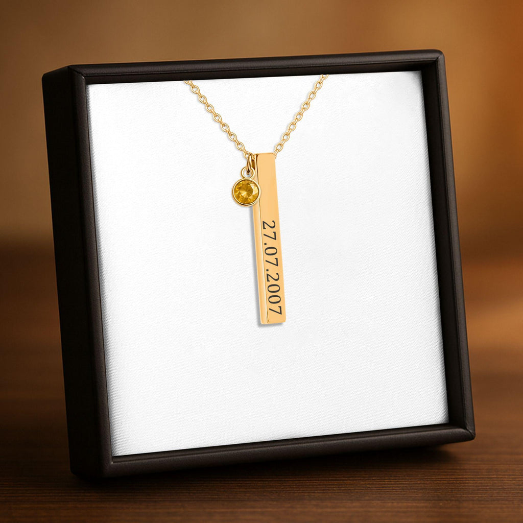 Personalized 3D Bar Necklace with Birthstone | Custom Engraved Stainless Steel or Gold Plated Pendant | Gift for Her, Mother's Day