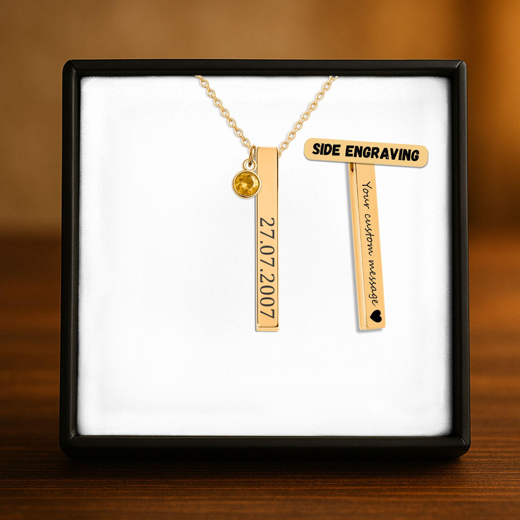 Personalized 3D Bar Necklace with Birthstone | Custom Engraved Stainless Steel or Gold Plated Pendant | Gift for Her, Mother's Day