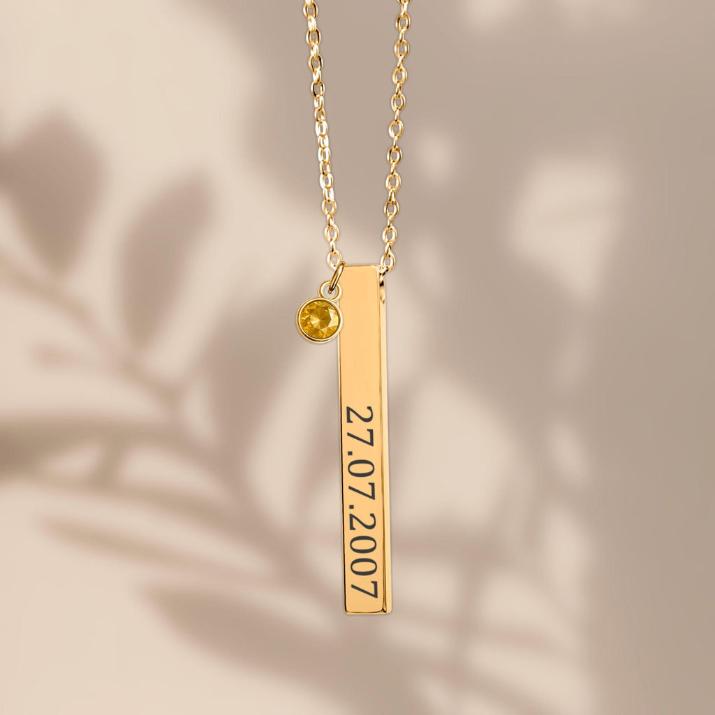Personalized 3D Bar Necklace with Birthstone | Custom Engraved Stainless Steel or Gold Plated Pendant | Gift for Her, Mother's Day