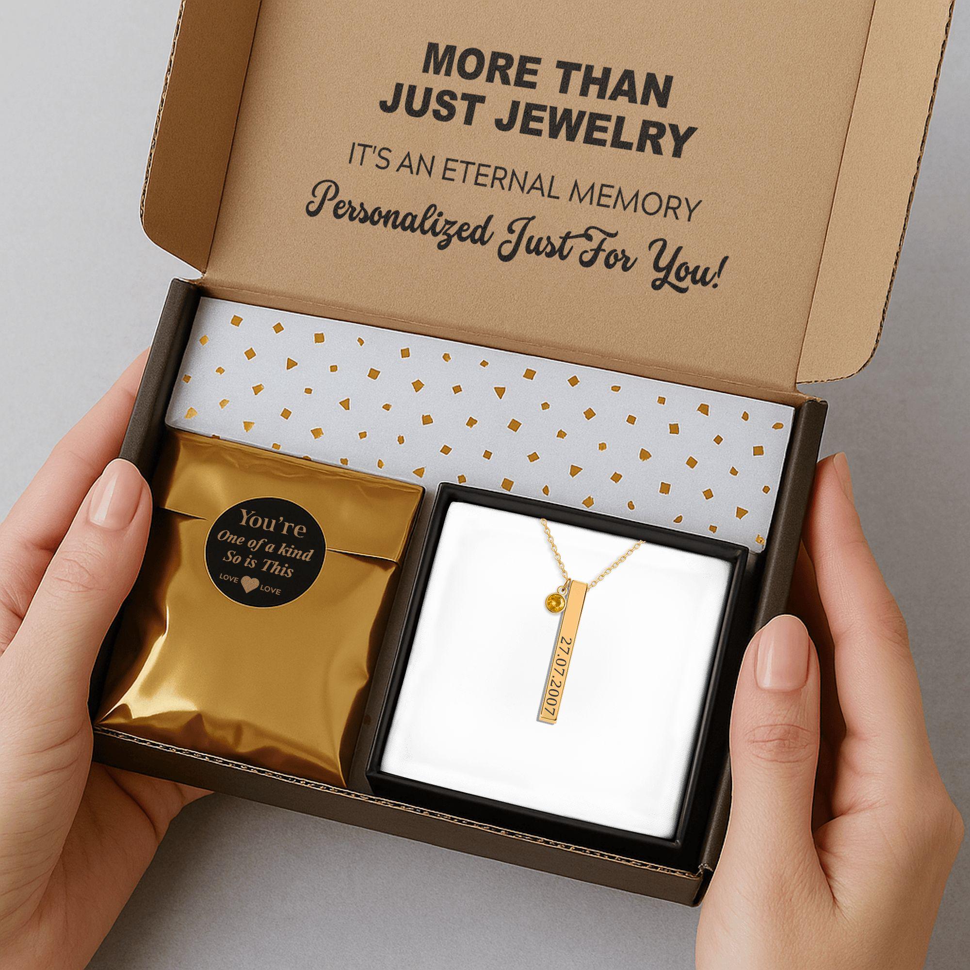 Personalized 3D Bar Necklace with Birthstone | Custom Engraved Stainless Steel or Gold Plated Pendant | Gift for Her, Mother's Day