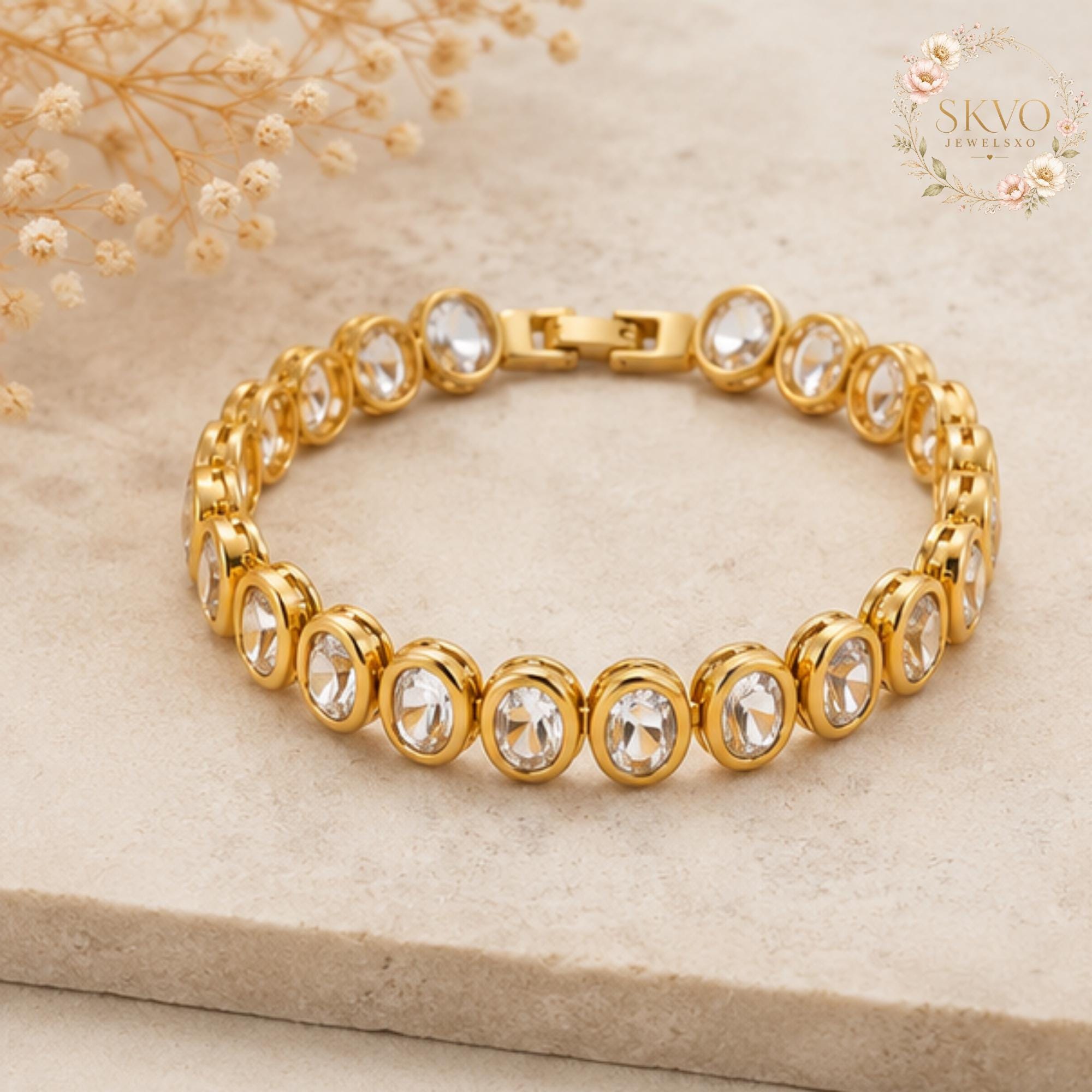 Gold Plated Chain Bracelet with Clear Cubic Zirconia Stones, Elegant Jewelry for Women, Wedding, Anniversary, Gift Idea
