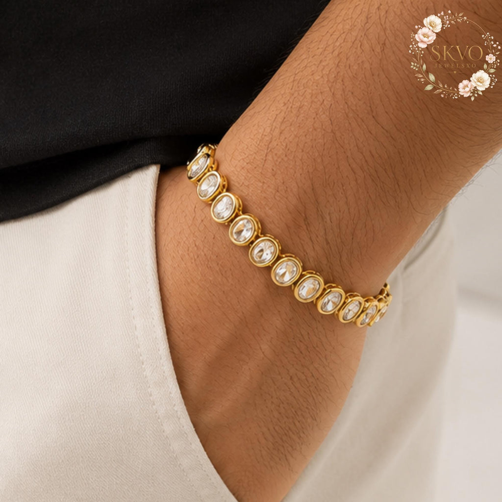 Gold Plated Chain Bracelet with Clear Cubic Zirconia Stones, Elegant Jewelry for Women, Wedding, Anniversary, Gift Idea