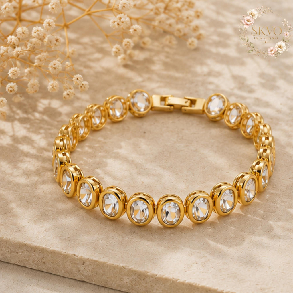 Gold Plated Chain Bracelet with Clear Cubic Zirconia Stones, Elegant Jewelry for Women, Wedding, Anniversary, Gift Idea