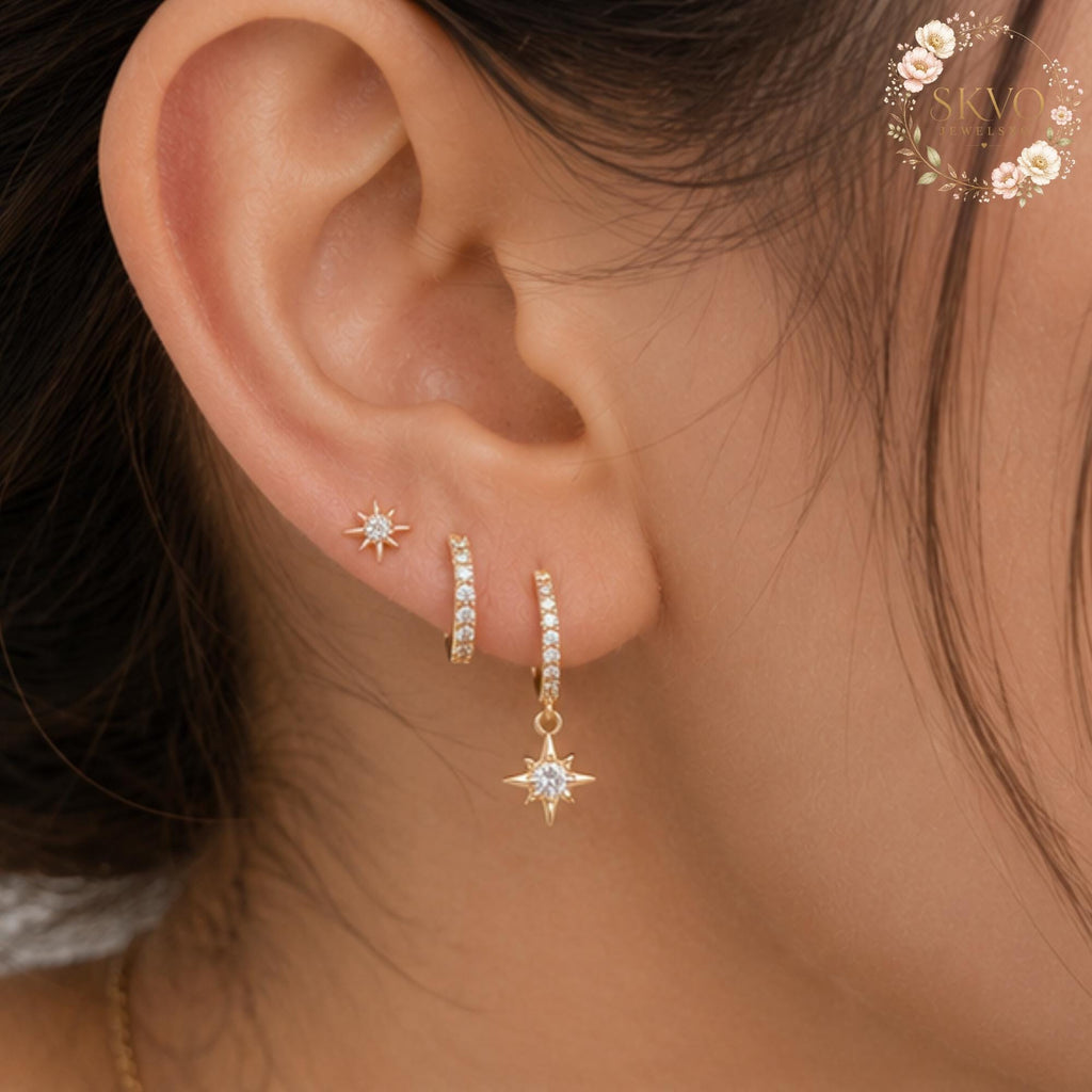3 Piece Star Earrings, Sterling Silver Dangle Jewelry, Elegant Bridal or Gift Earrings, Sparkling Star Earring Set