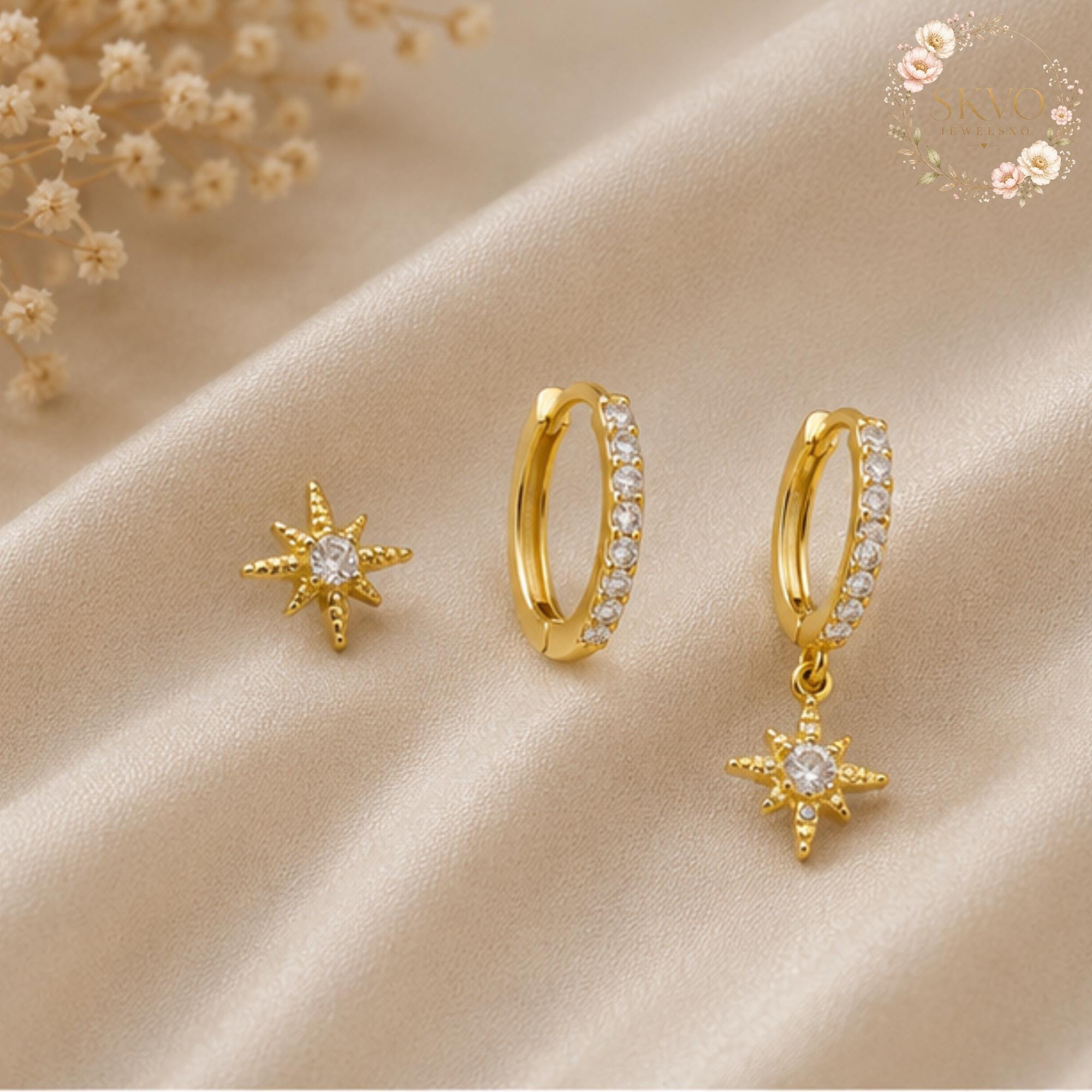 3 Piece Star Earrings, Sterling Silver Dangle Jewelry, Elegant Bridal or Gift Earrings, Sparkling Star Earring Set