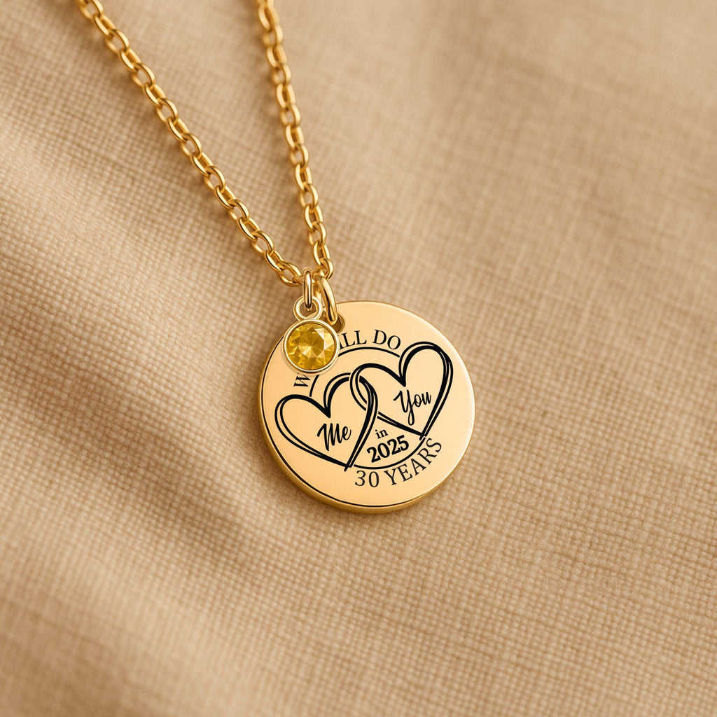 Personalized Coin Necklace with Birthstone, Custom Engraved Jewelry, Stainless Steel or Gold Plated, Gift for Her, Anniversary, Mothers Day