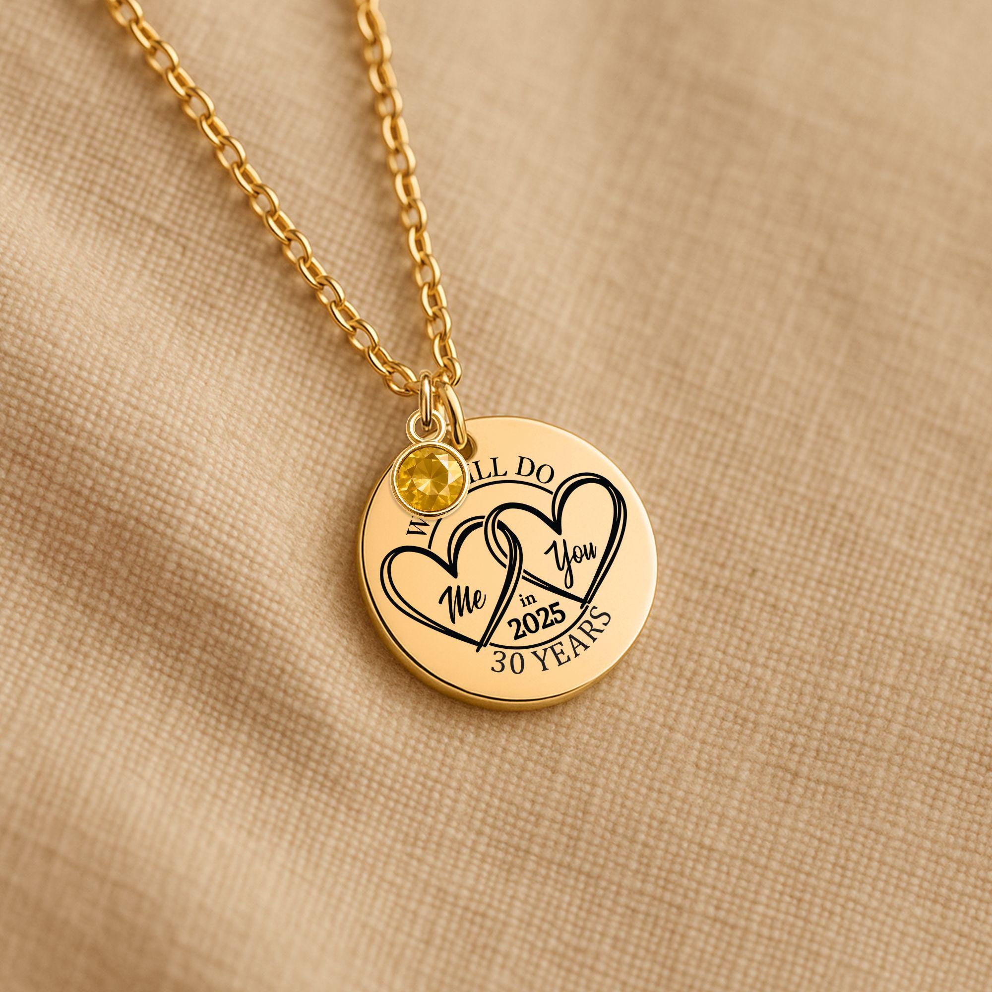 Personalized Coin Necklace with Birthstone, Custom Engraved Jewelry, Stainless Steel or Gold Plated, Gift for Her, Anniversary, Mothers Day