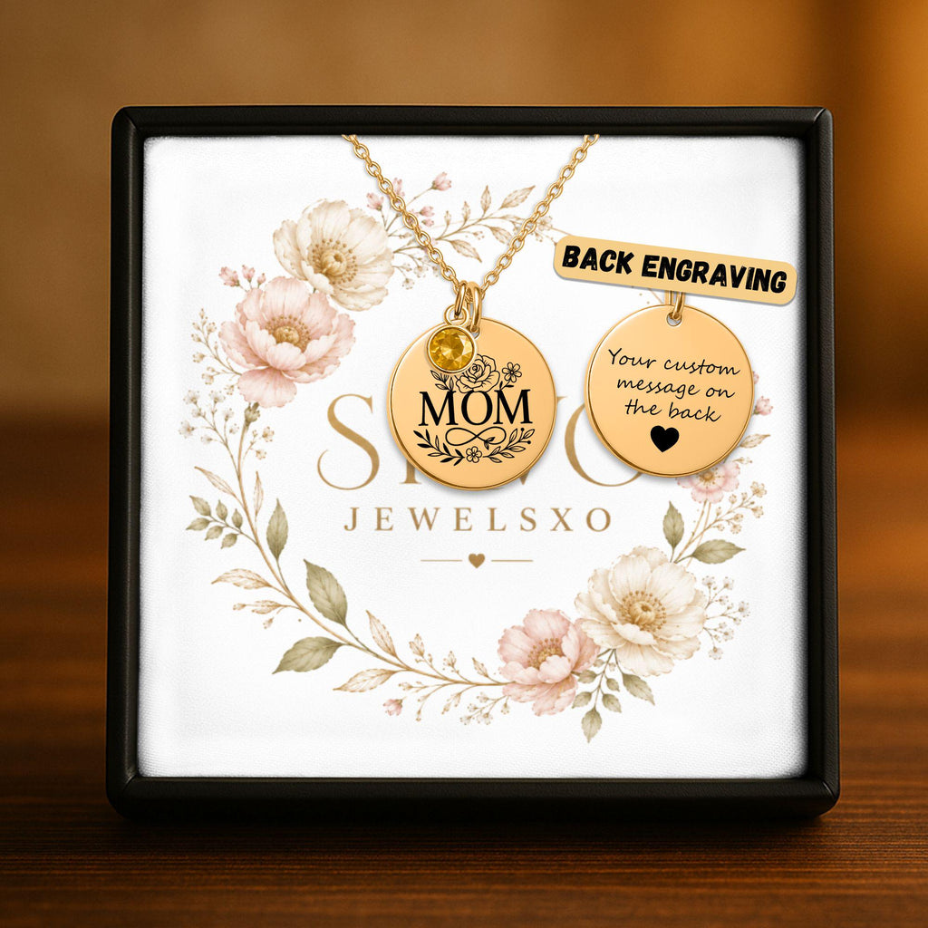 Personalized Coin Necklace with Birthstone, Custom Engraved Mom Jewelry, Stainless Steel or Gold Plated, Gift for Mother, Women's Pendant