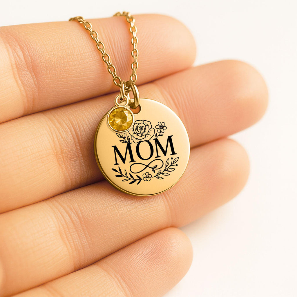 Personalized Coin Necklace with Birthstone, Custom Engraved Mom Jewelry, Stainless Steel or Gold Plated, Gift for Mother, Women's Pendant