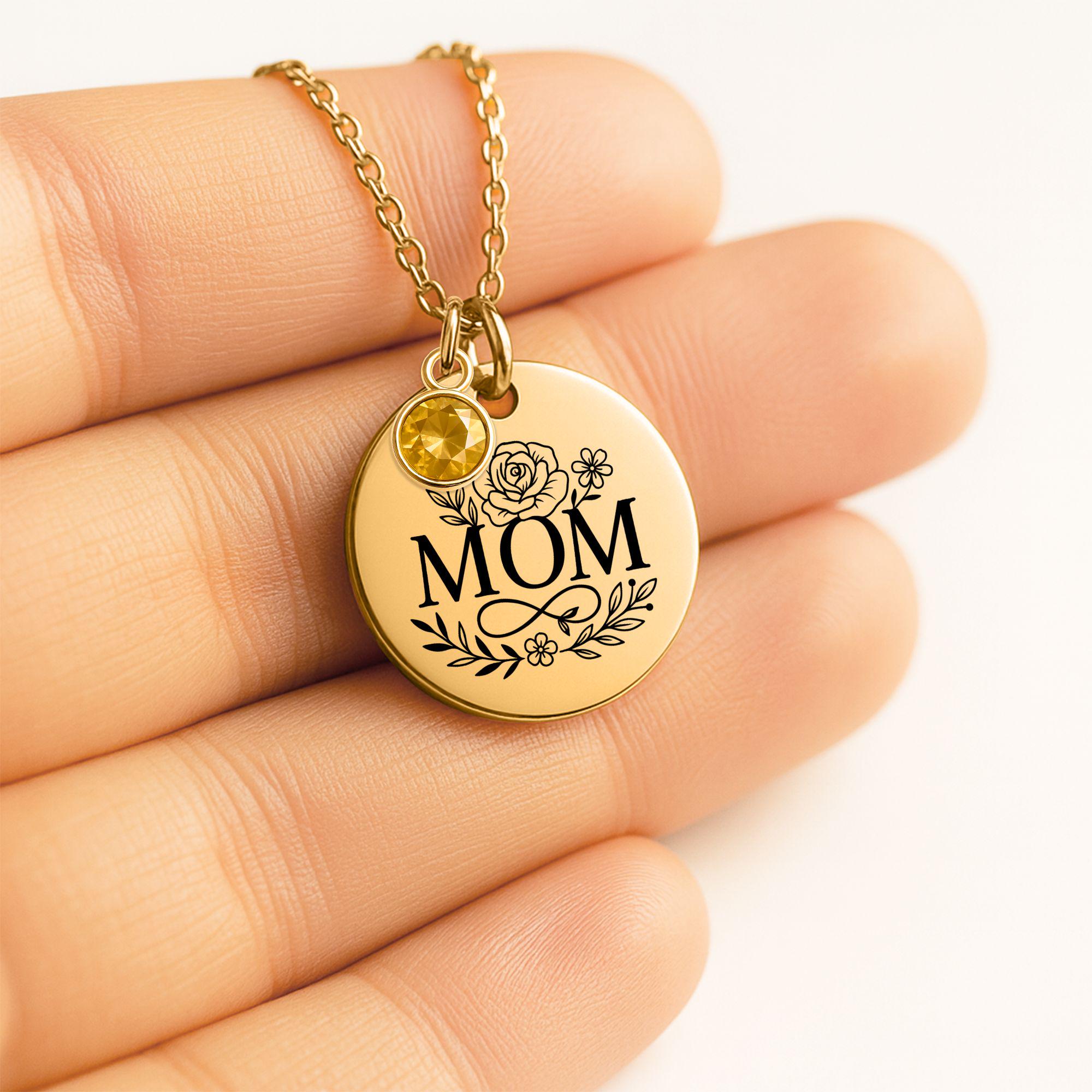 Personalized Coin Necklace with Birthstone, Custom Engraved Mom Jewelry, Stainless Steel or Gold Plated, Gift for Mother, Women's Pendant