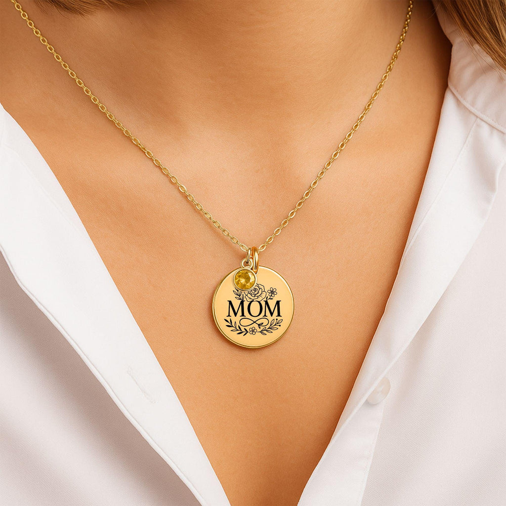 Personalized Coin Necklace with Birthstone, Custom Engraved Mom Jewelry, Stainless Steel or Gold Plated, Gift for Mother, Women's Pendant