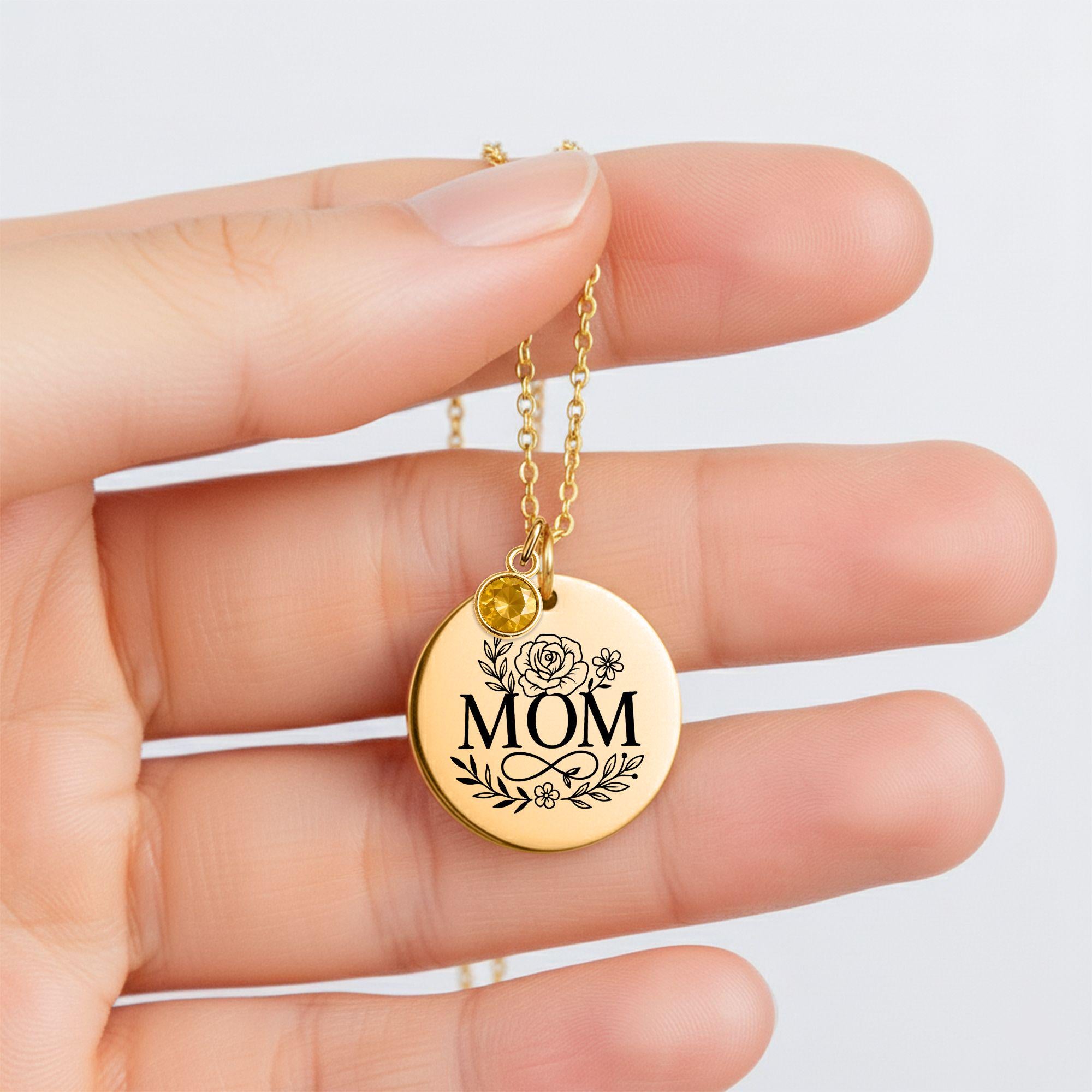 Personalized Coin Necklace with Birthstone, Custom Engraved Mom Jewelry, Stainless Steel or Gold Plated, Gift for Mother, Women's Pendant