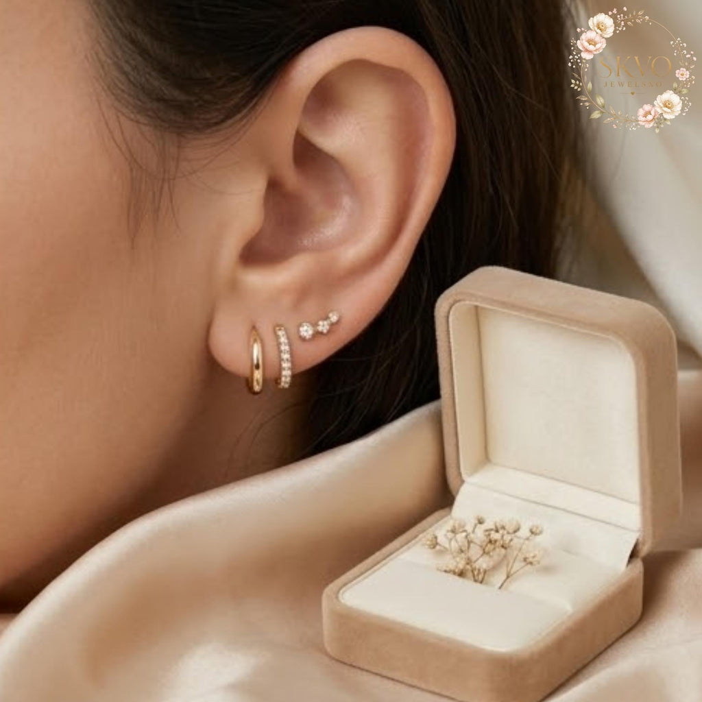 Gold Plated Multi-Piercing Earrings, Dainty Hoop and Crystal Studs, Trendy Ear Jewelry for Women, Gift for Her, Elegant Silver Look