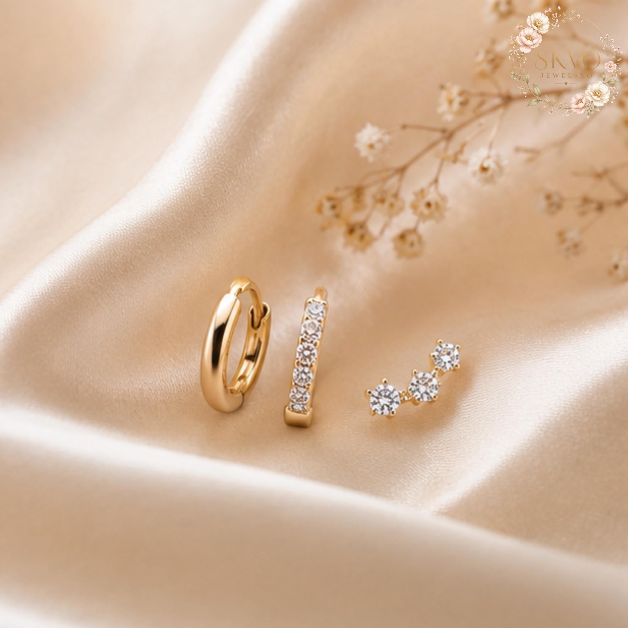 Gold Plated Multi-Piercing Earrings, Dainty Hoop and Crystal Studs, Trendy Ear Jewelry for Women, Gift for Her, Elegant Silver Look