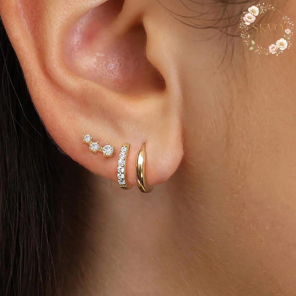 Gold Plated Multi-Piercing Earrings, Dainty Hoop and Crystal Studs, Trendy Ear Jewelry for Women, Gift for Her, Elegant Silver Look
