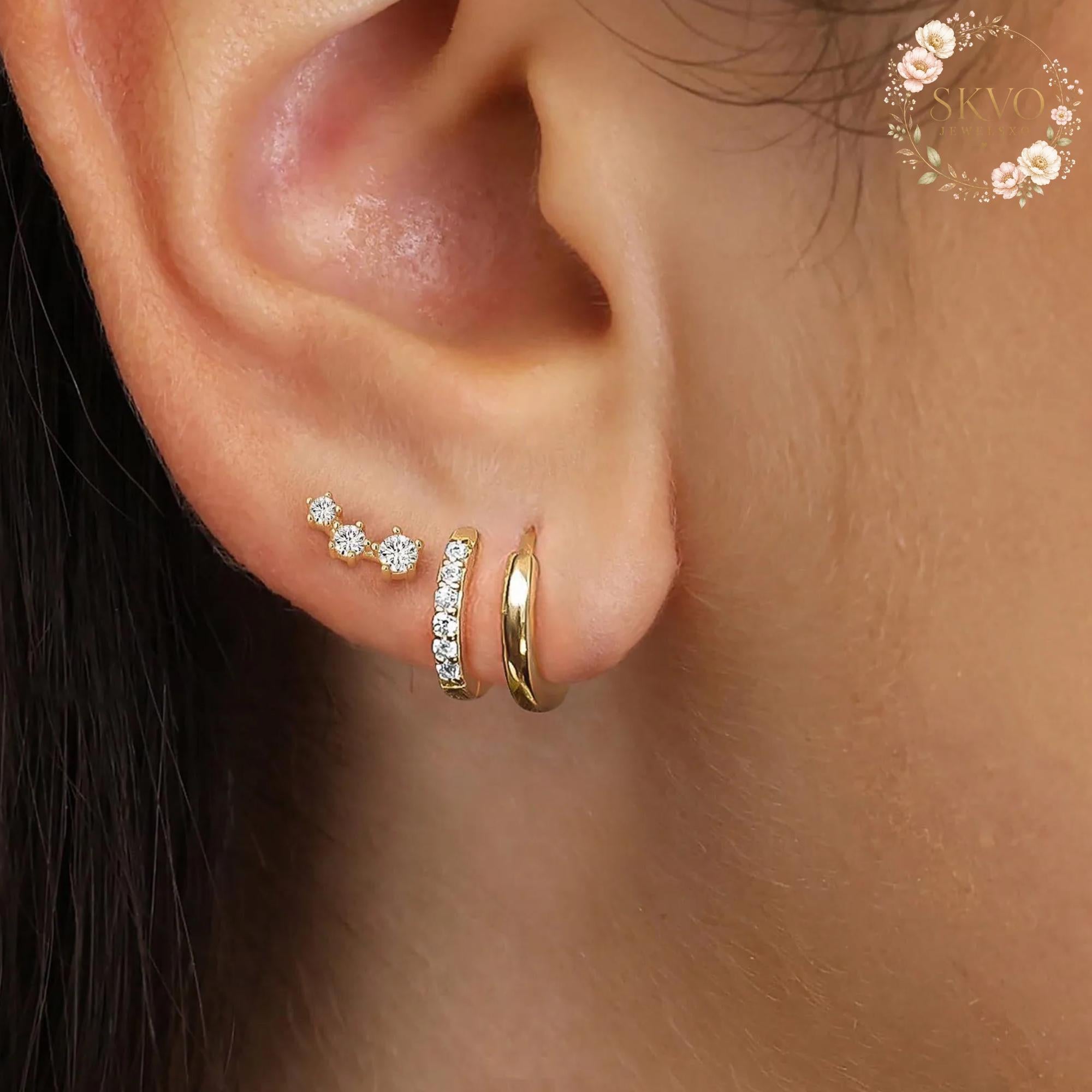 Gold Plated Multi-Piercing Earrings, Dainty Hoop and Crystal Studs, Trendy Ear Jewelry for Women, Gift for Her, Elegant Silver Look