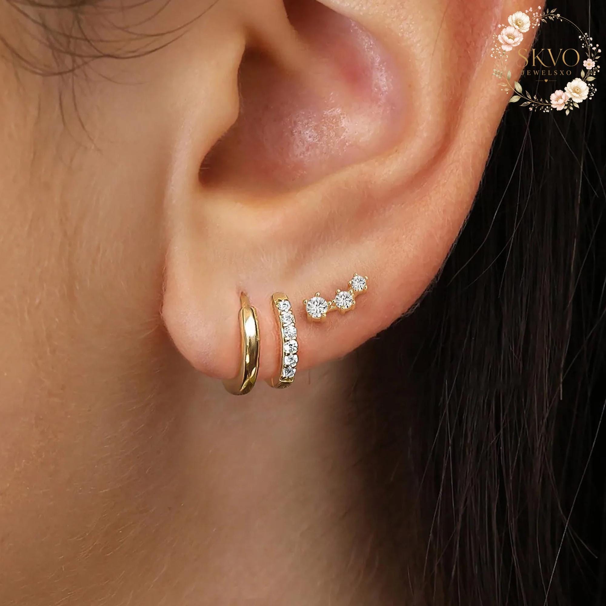 Gold Plated Multi-Piercing Earrings, Dainty Hoop and Crystal Studs, Trendy Ear Jewelry for Women, Gift for Her, Elegant Silver Look