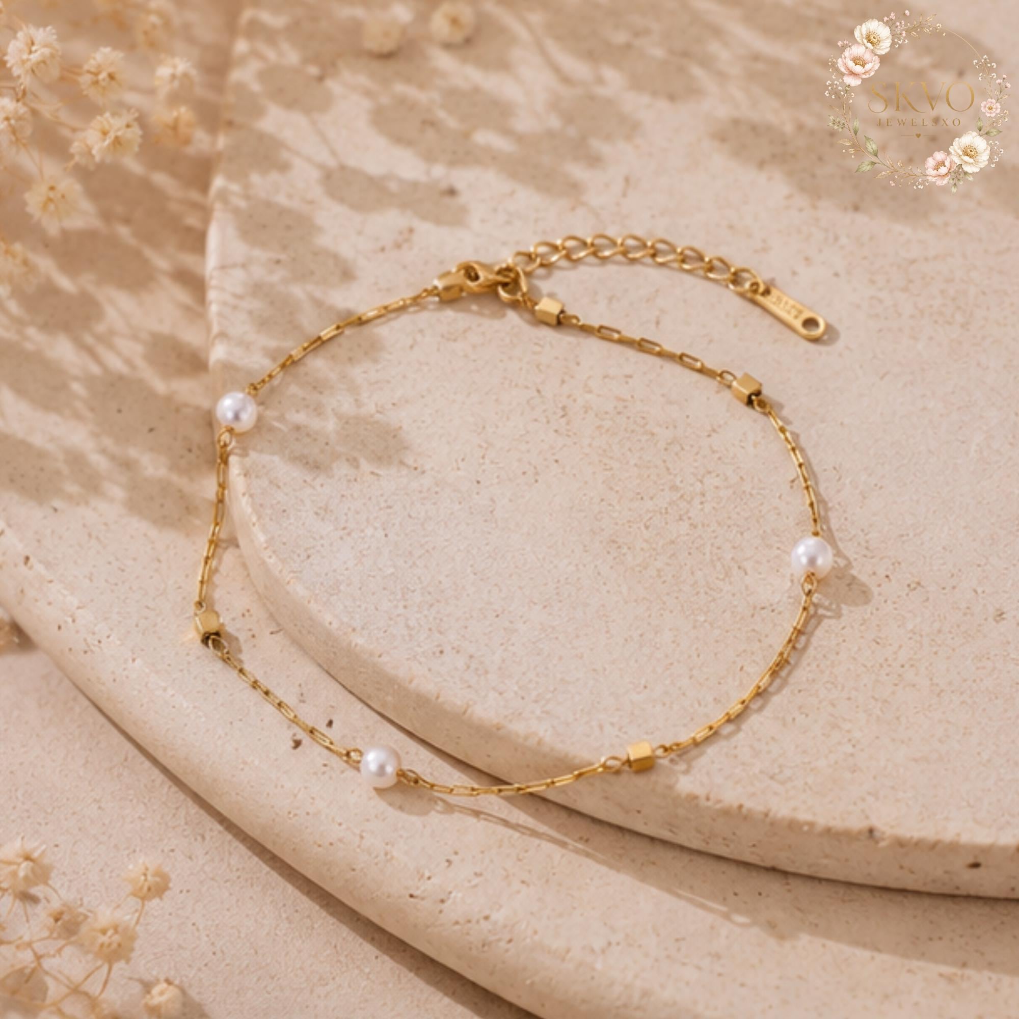 18k Gold Plated Chain Bracelet with Pearls, Elegant Jewelry for Women, Gift for Her, Delicate Minimalist Accessory, Everyday Wear