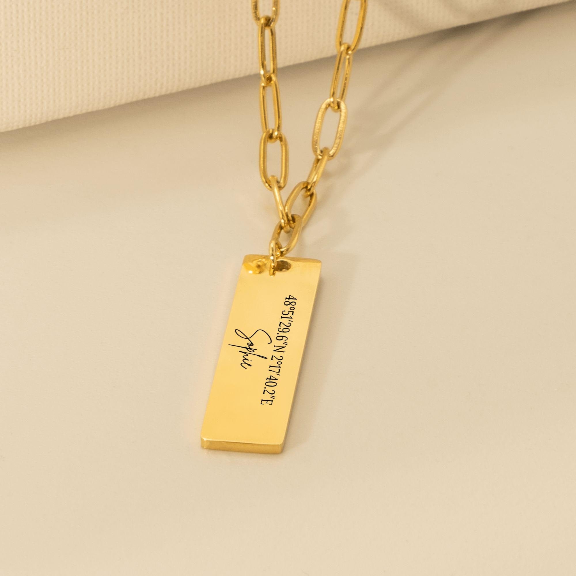 Personalized Paperclip Vertical Bar Necklace with Laser Engraving, 18k Gold Plated Stainless Steel, Customizable Pendant, Gift for Her