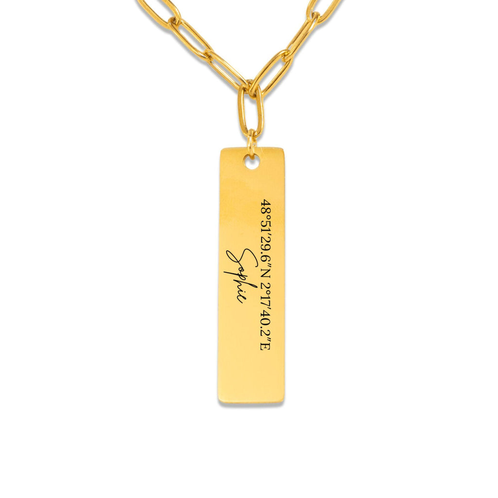 Personalized Paperclip Vertical Bar Necklace with Laser Engraving, 18k Gold Plated Stainless Steel, Customizable Pendant, Gift for Her