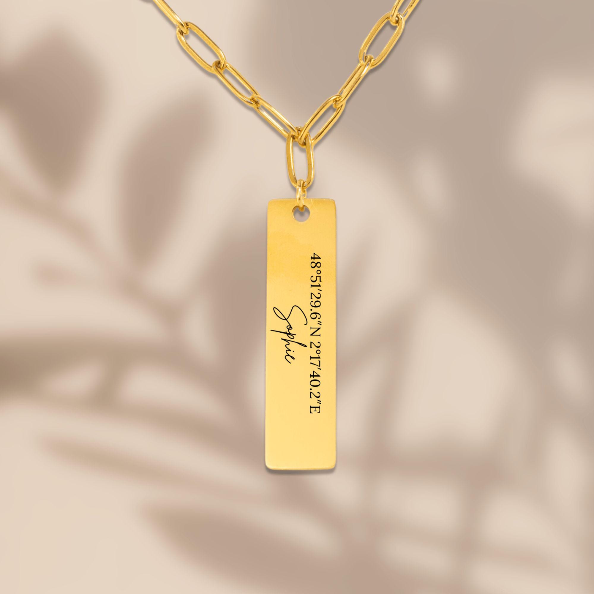 Personalized Paperclip Vertical Bar Necklace with Laser Engraving, 18k Gold Plated Stainless Steel, Customizable Pendant, Gift for Her