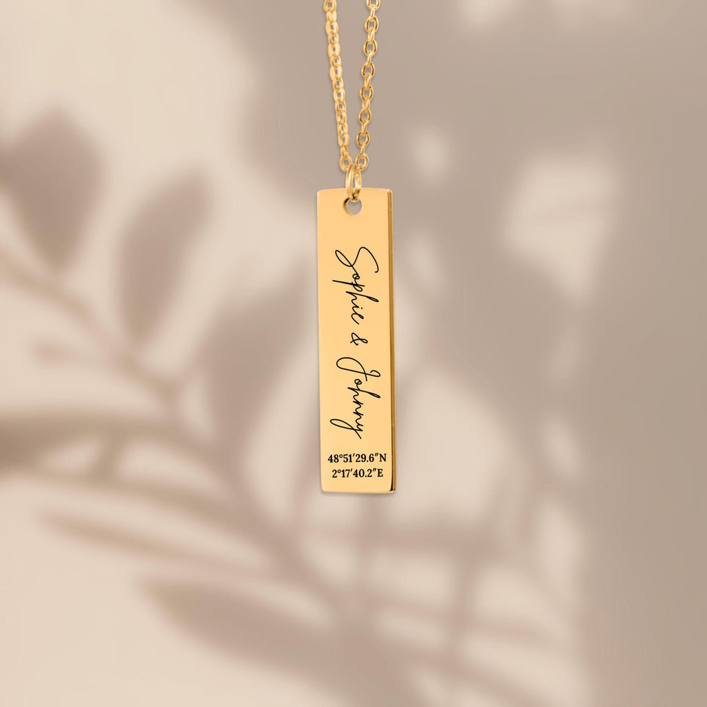 Personalized Vertical Bar Necklace with Laser Engraving, 18k Gold Plated Stainless Steel Pendant, Customizable Jewelry for Women, Gift Ready