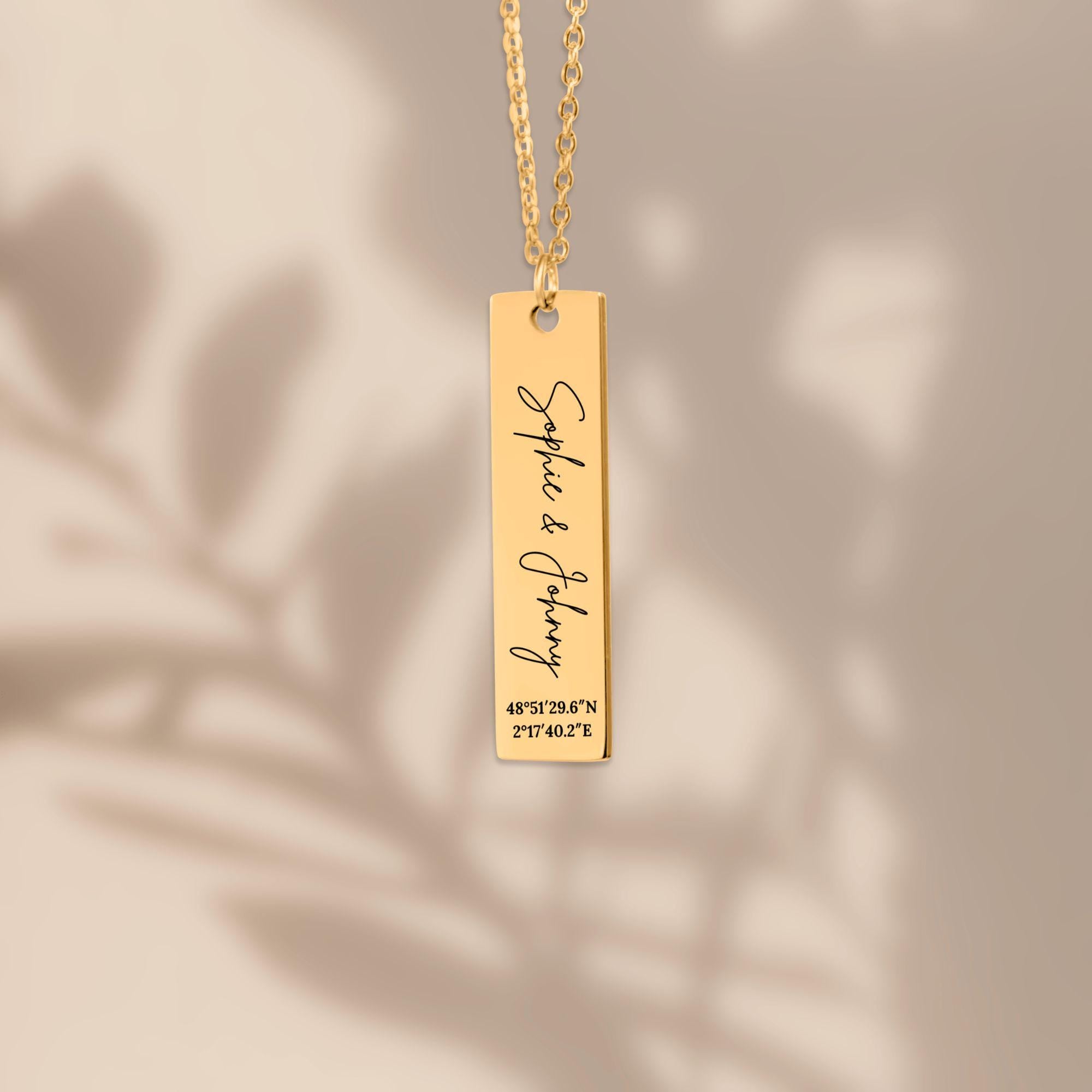 Personalized Vertical Bar Necklace with Laser Engraving, 18k Gold Plated Stainless Steel Pendant, Customizable Jewelry for Women, Gift Ready