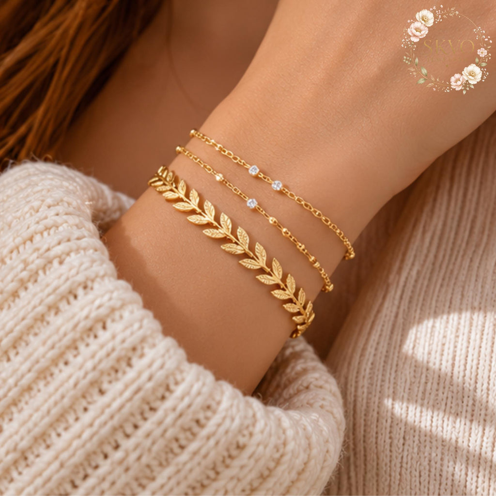 Gold Layered Bracelet, Dainty Leaf Jewelry, Boho Minimal Accessories For Women, Gift Idea For Her