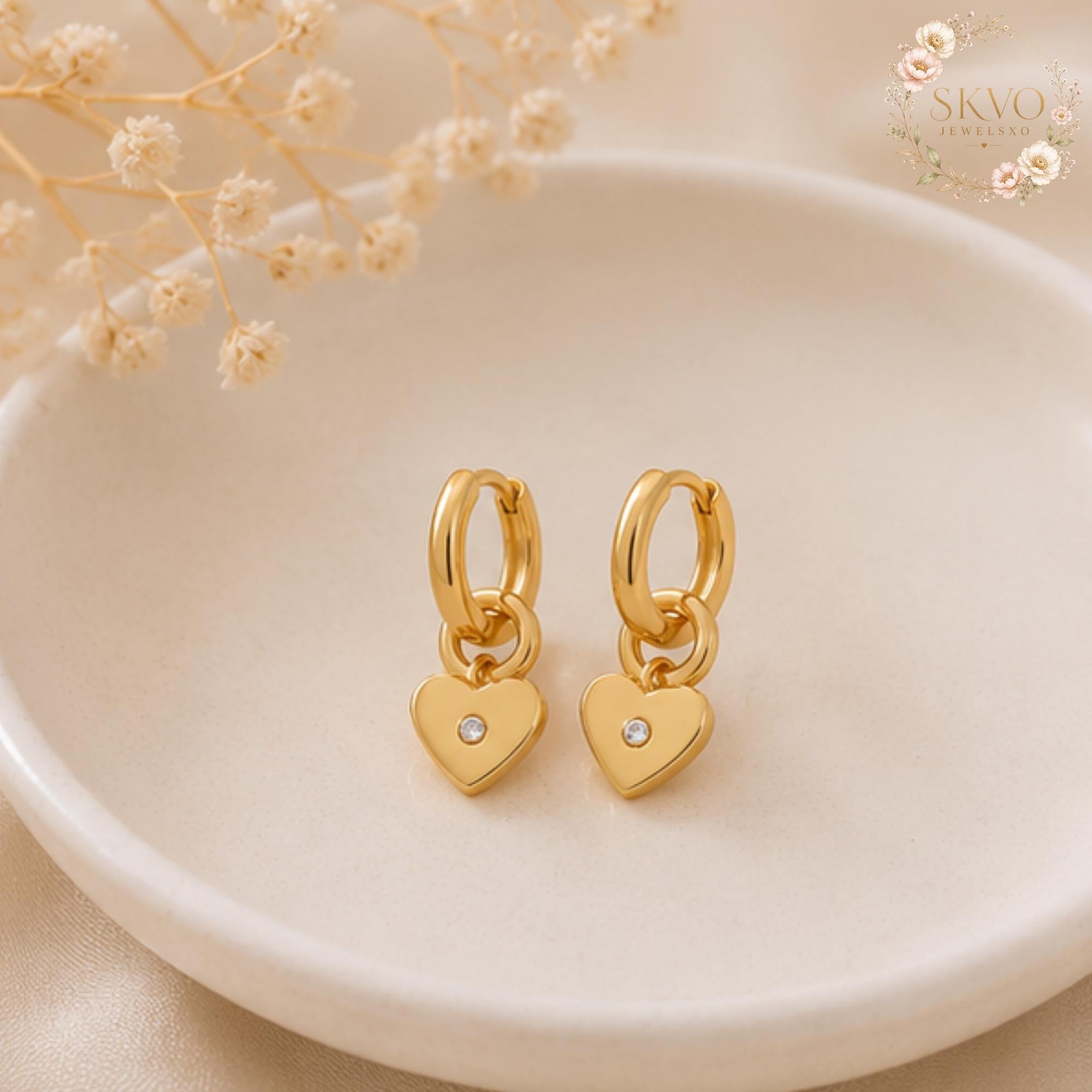 Gold Heart Hoop Earrings with Crystal Accent, Dainty Jewelry for Women, Romantic Gift, Bridal Accessories, Minimalist Gold Earrings