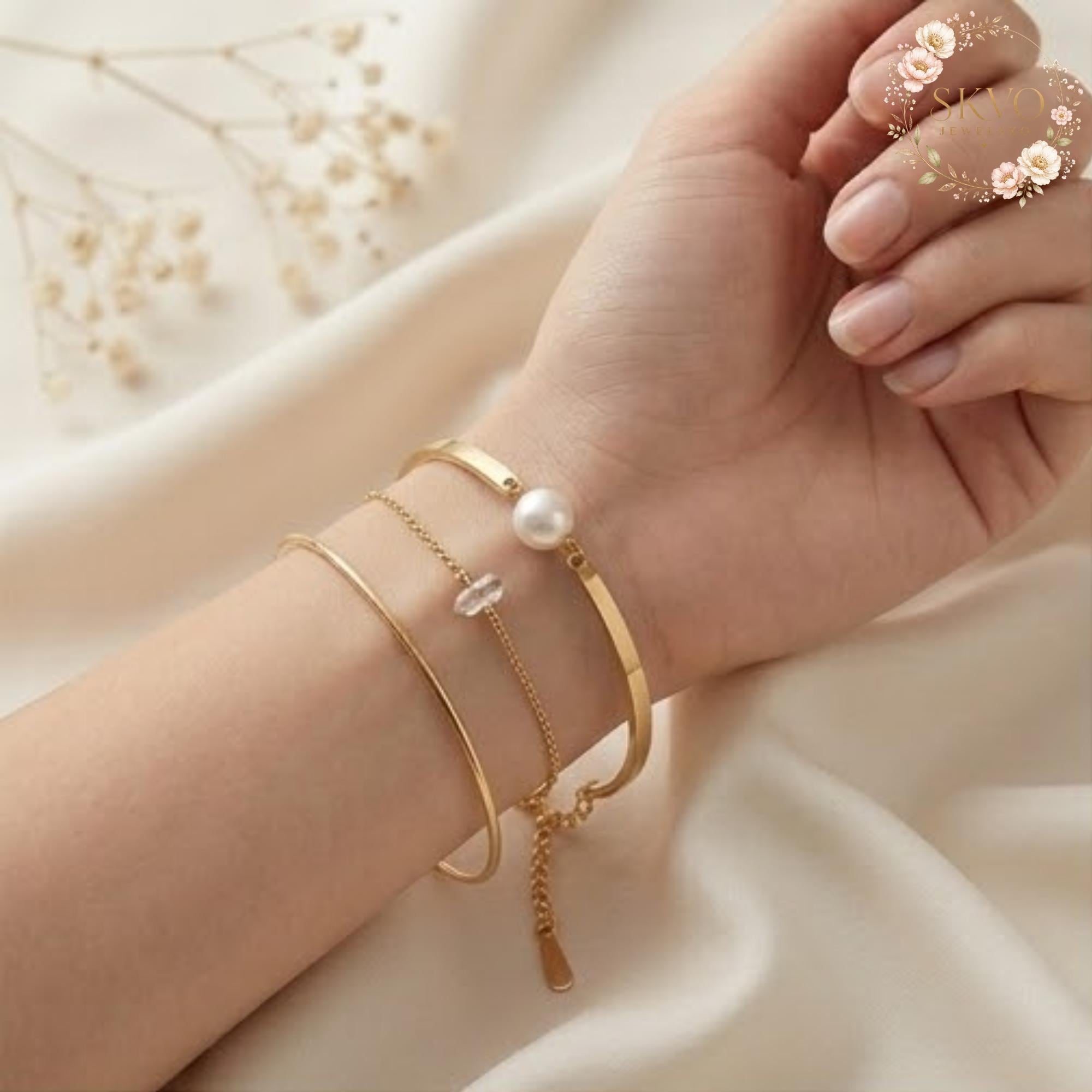 Pearl and Gold Bangle Bracelet, Elegant Minimalist Jewelry, Gift for Women, Handmade Bridal Accessory, Fine Gold Plated Cuff