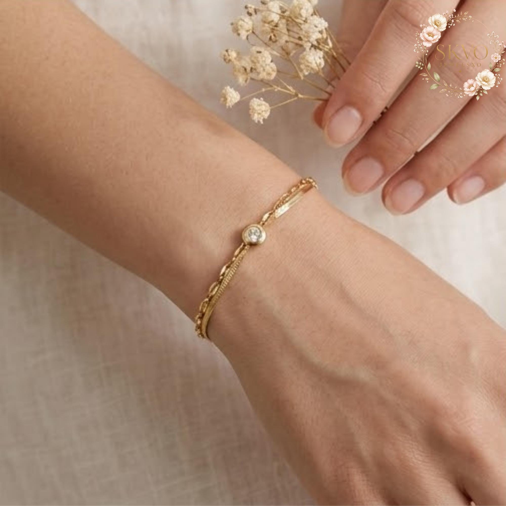 Gold Bracelet With Cubic Zirconia and Chain Design, Minimalist Jewelry, Dainty Gift for Women, Everyday Acessories, Elegant Bridal Jewelry