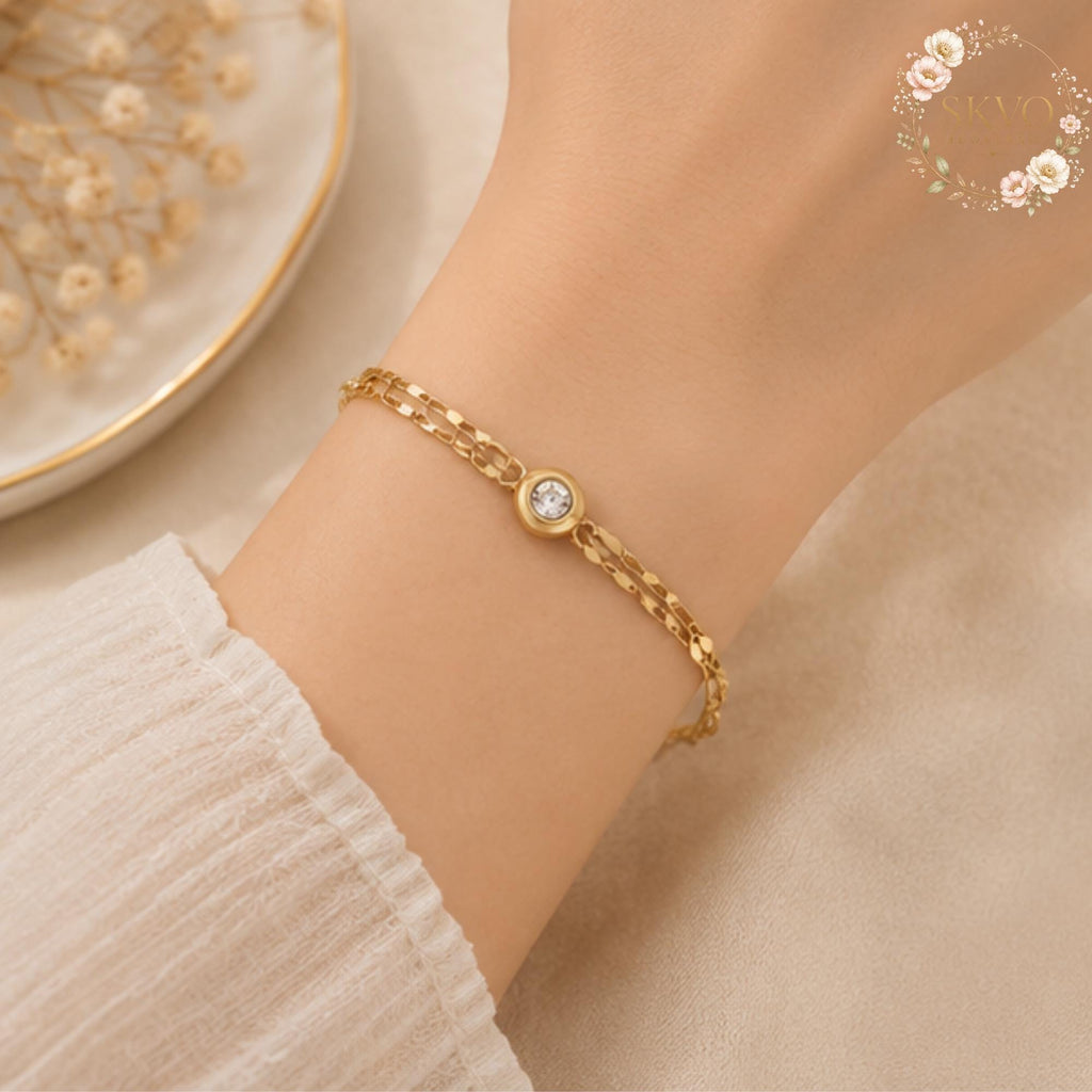 Gold Bracelet With Cubic Zirconia and Chain Design, Minimalist Jewelry, Dainty Gift for Women, Everyday Acessories, Elegant Bridal Jewelry