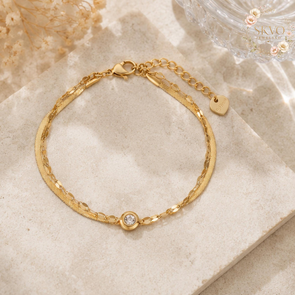 Gold Bracelet With Cubic Zirconia and Chain Design, Minimalist Jewelry, Dainty Gift for Women, Everyday Acessories, Elegant Bridal Jewelry