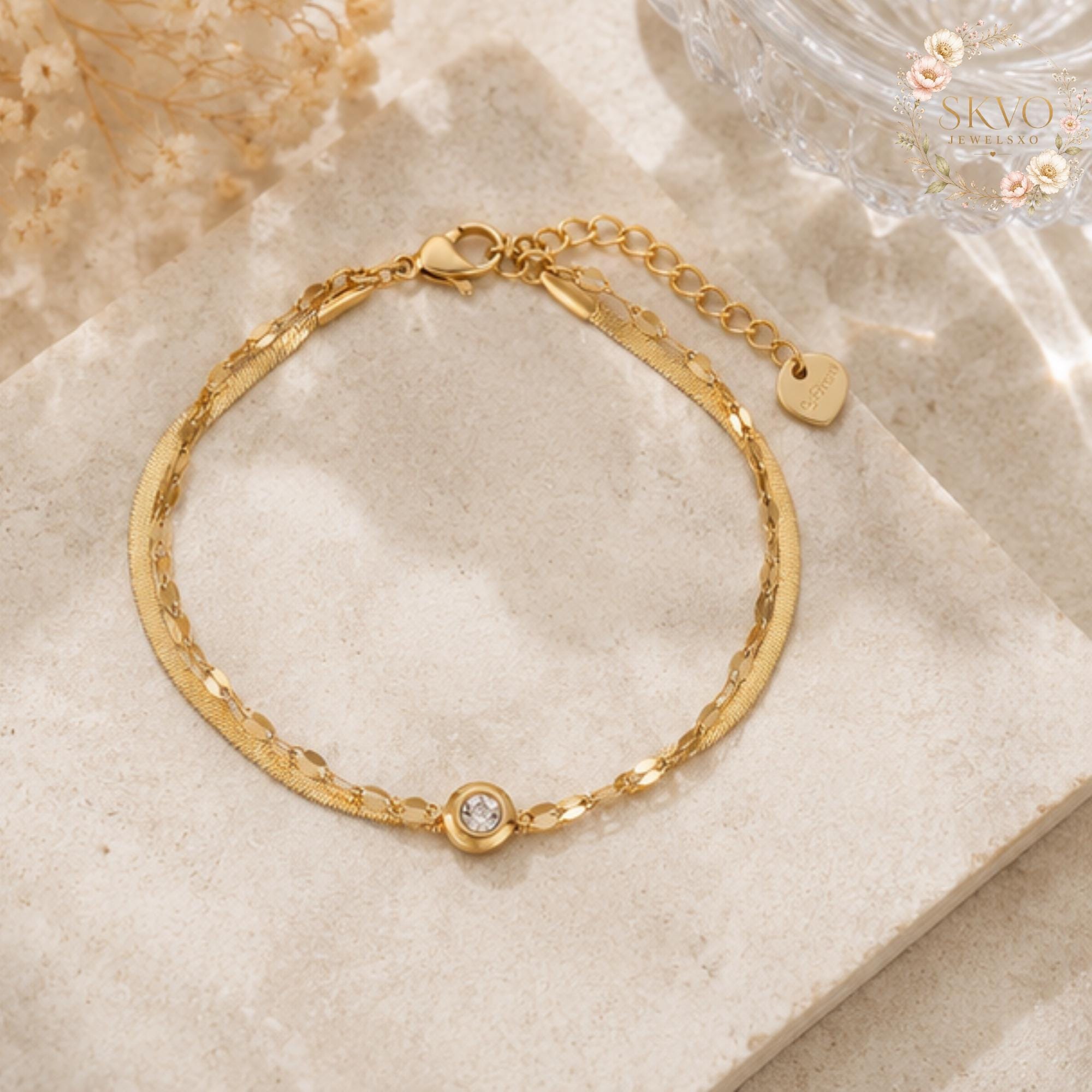Gold Bracelet With Cubic Zirconia and Chain Design, Minimalist Jewelry, Dainty Gift for Women, Everyday Acessories, Elegant Bridal Jewelry