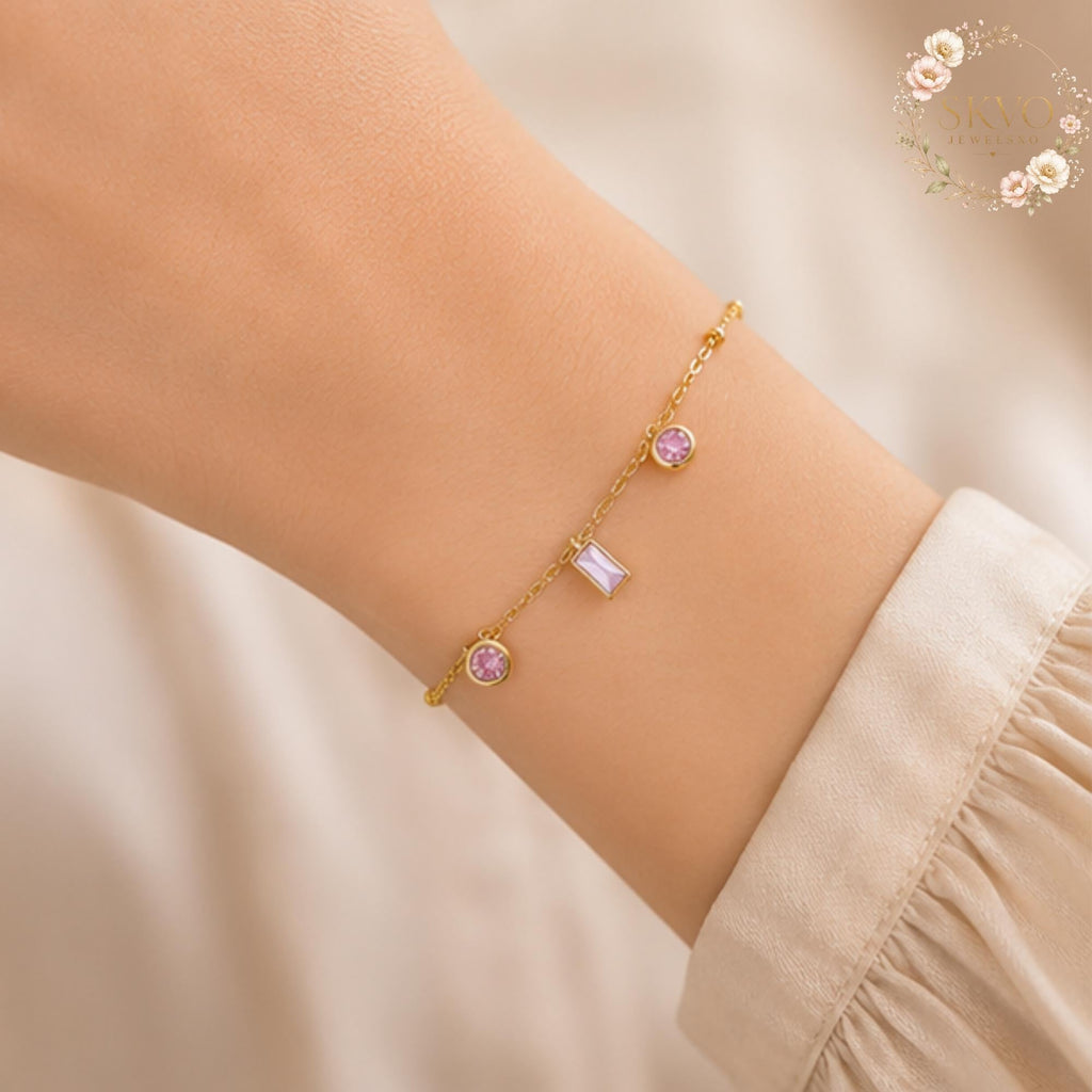 Gold Bracelet With Cubic Zirconia and Chain Design, Minimalist Jewelry, Dainty Gift for Women, Everyday Acessories, Elegant Bridal Jewelry