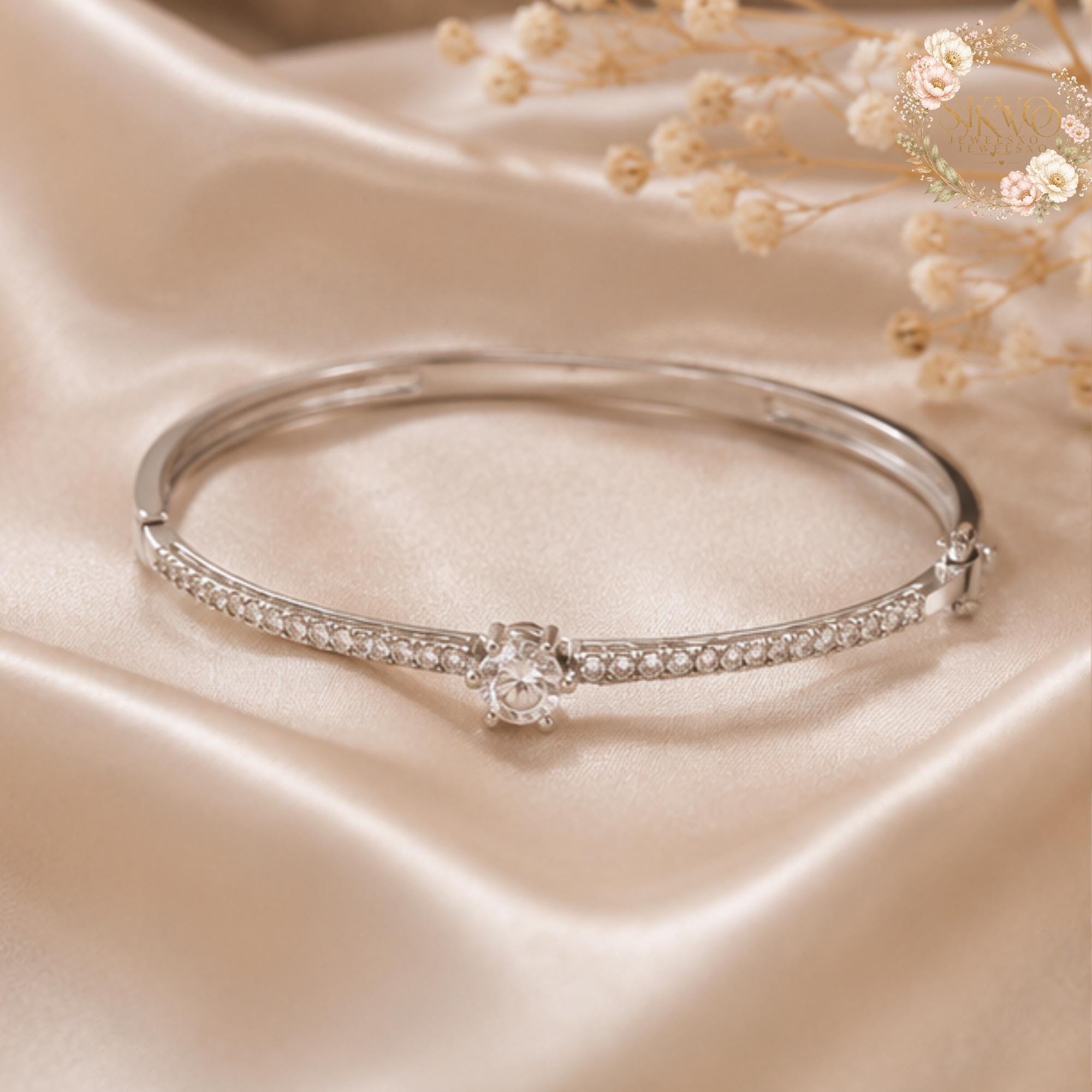 Elegant Silver Bangle with Cubic Zirconia, Dainty Sparkling Jewelry, Gift for Her, Bridal Accessory, Wedding Bracelet, Anniversary Gift
