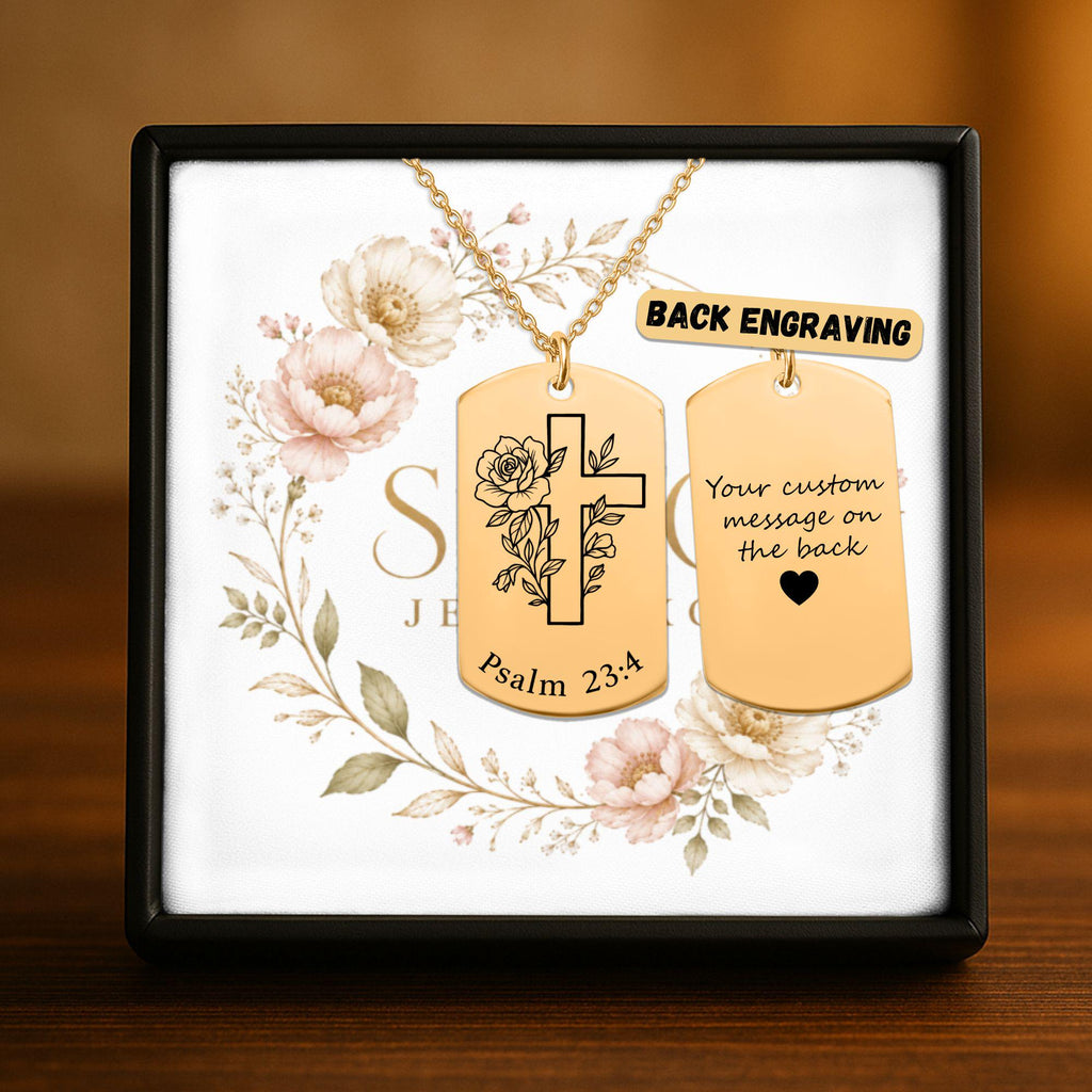 Personalized Tag Necklace with Cross and Psalm 23:4 Engraving, 18k Gold Plated Stainless Steel, Customizable Front & Back, Ready to Ship