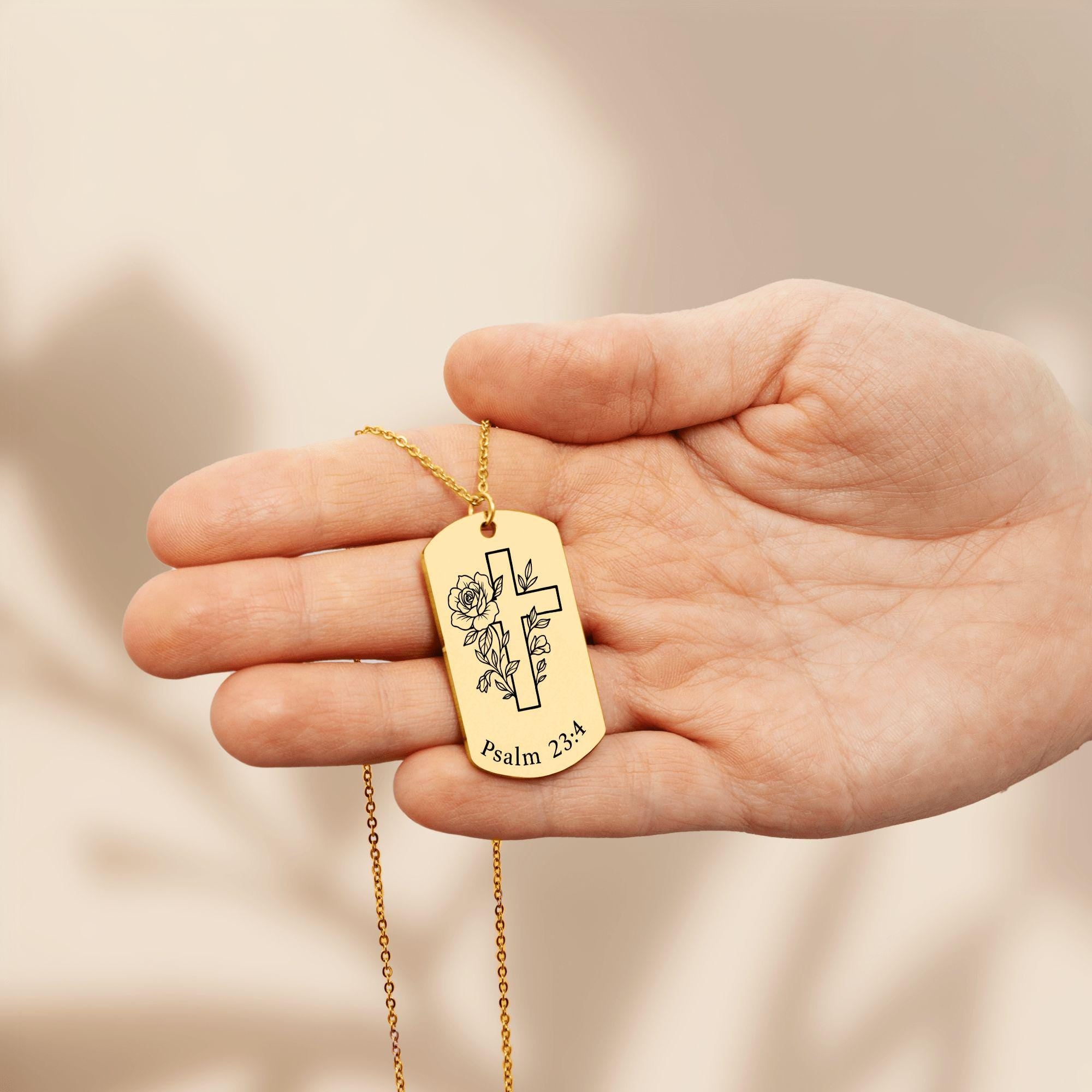 Personalized Tag Necklace with Cross and Psalm 23:4 Engraving, 18k Gold Plated Stainless Steel, Customizable Front & Back, Ready to Ship