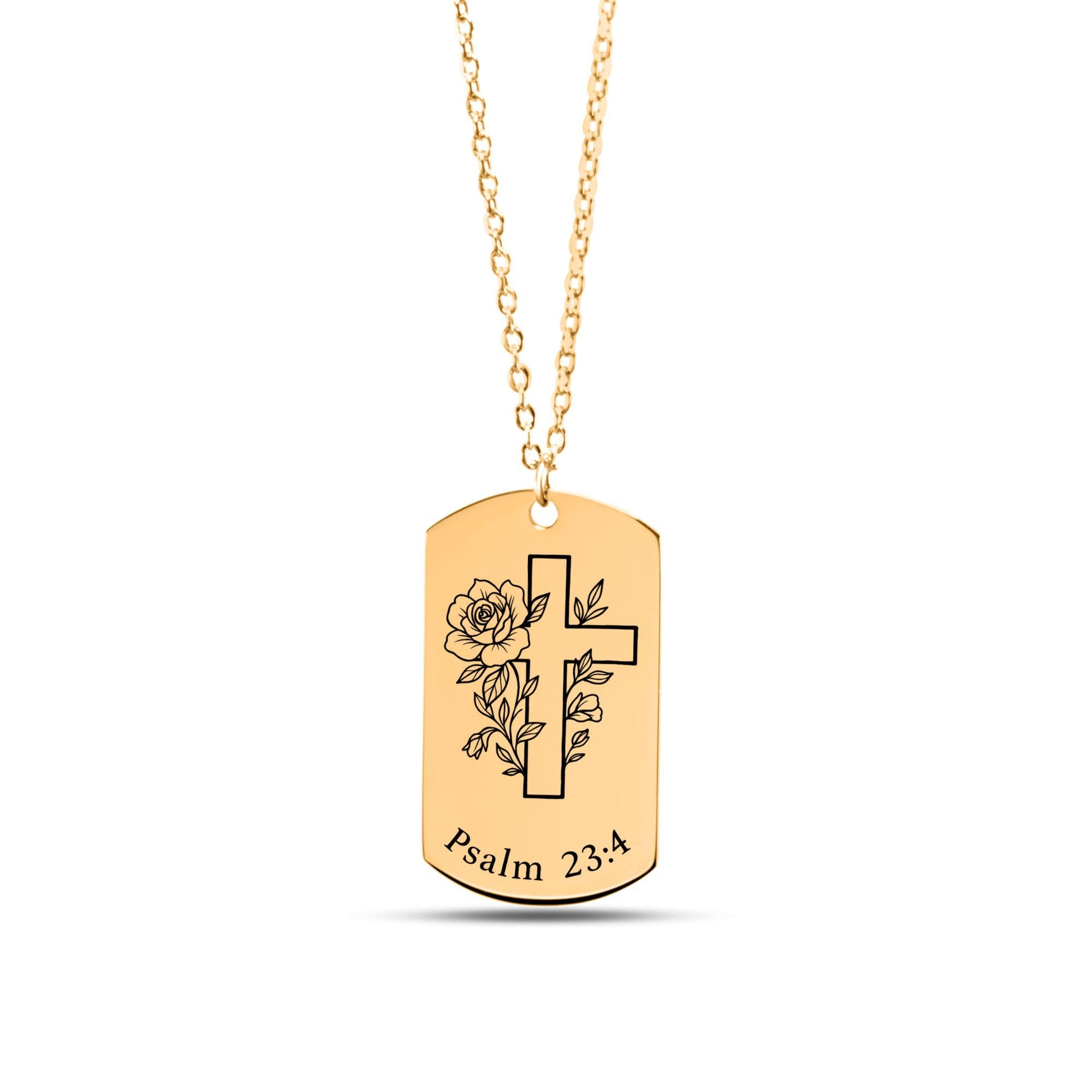 Personalized Tag Necklace with Cross and Psalm 23:4 Engraving, 18k Gold Plated Stainless Steel, Customizable Front & Back, Ready to Ship