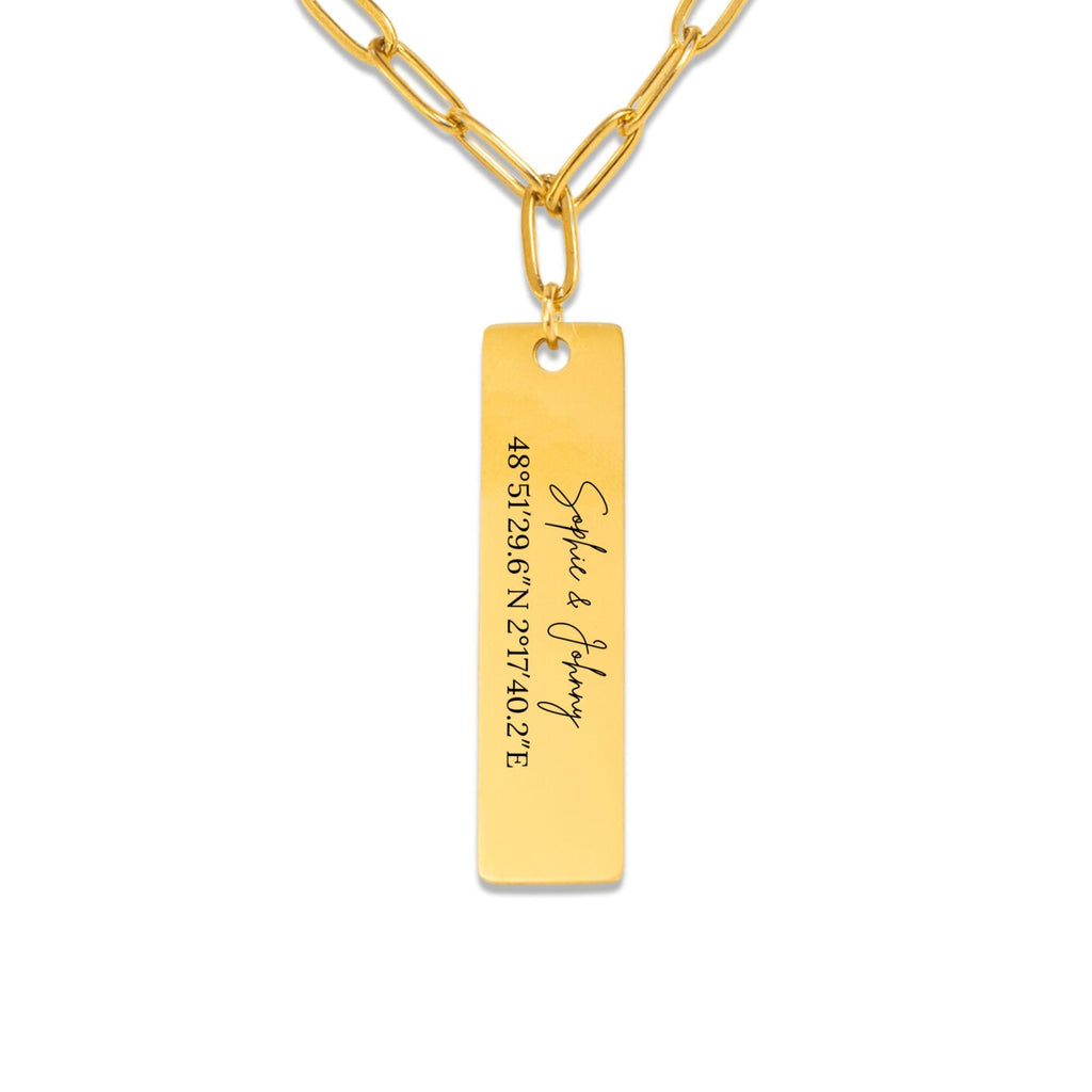 Personalized Paperclip Vertical Bar Necklace with Laser Engraving, 18k Gold Rose Gold Stainless Steel Custom Jewelry, Gift for Her