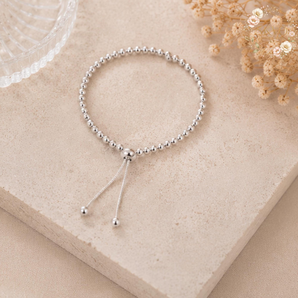 Sterling Silver Beaded Bracelet with Adjustable Sliding Closure, Minimalist Jewelry for Women, Gift for Her, Elegant and Stylish Accessory