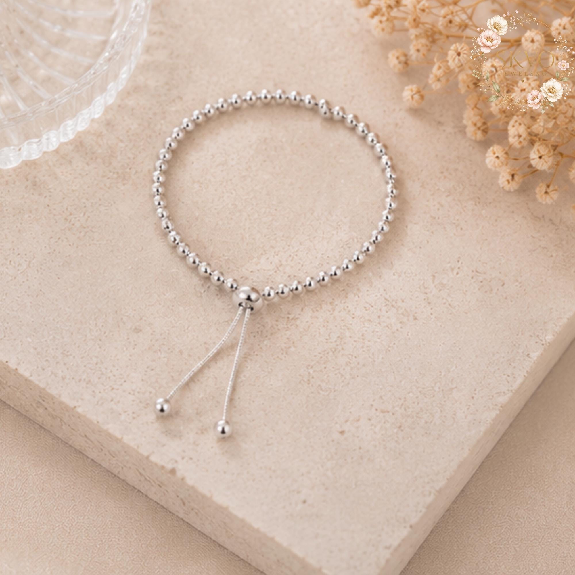 Sterling Silver Beaded Bracelet with Adjustable Sliding Closure, Minimalist Jewelry for Women, Gift for Her, Elegant and Stylish Accessory