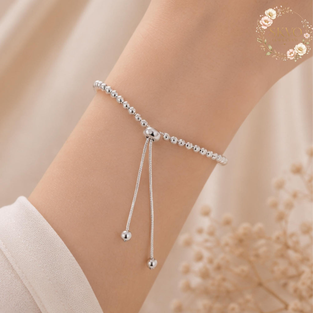 Sterling Silver Beaded Bracelet with Adjustable Sliding Closure, Minimalist Jewelry for Women, Gift for Her, Elegant and Stylish Accessory