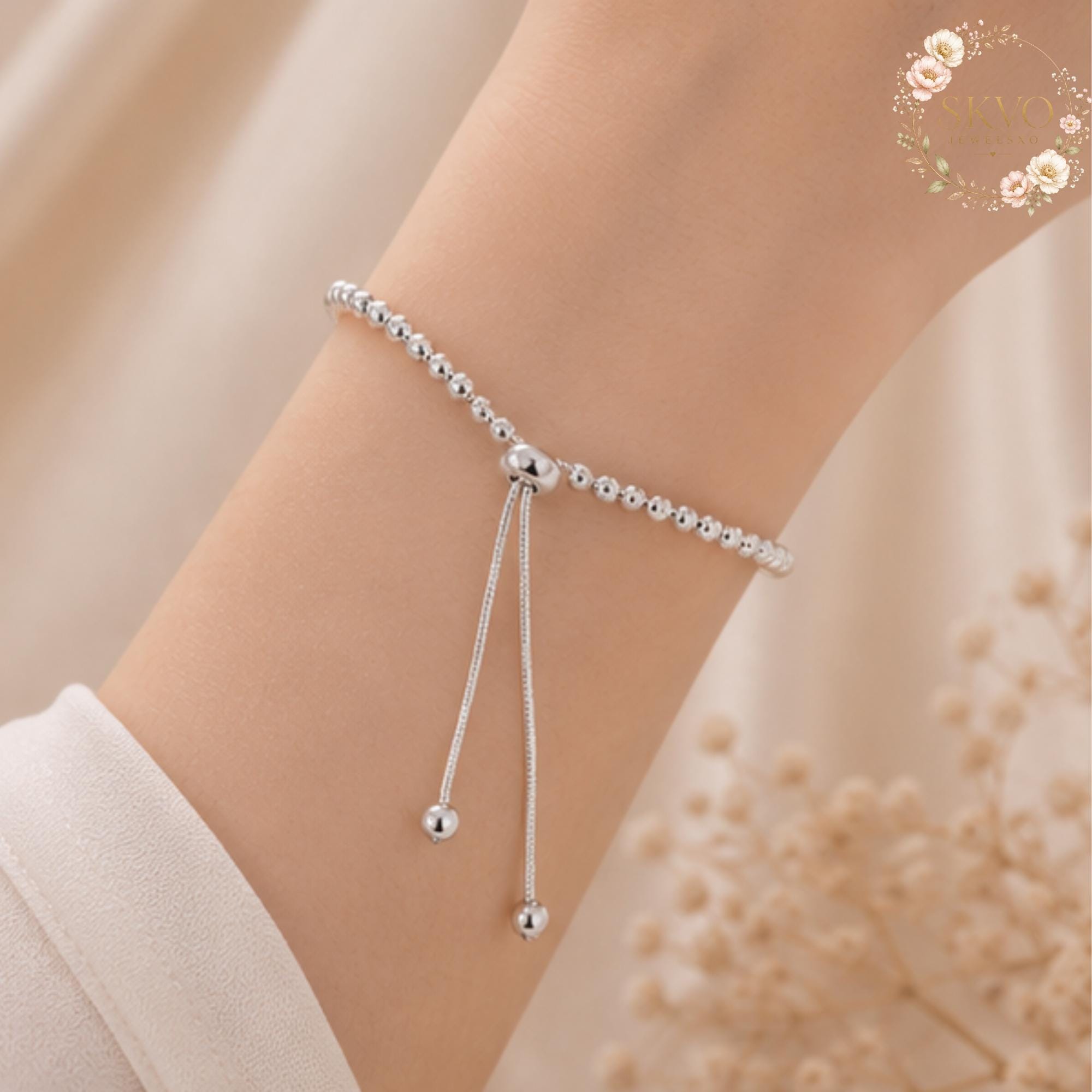 Sterling Silver Beaded Bracelet with Adjustable Sliding Closure, Minimalist Jewelry for Women, Gift for Her, Elegant and Stylish Accessory