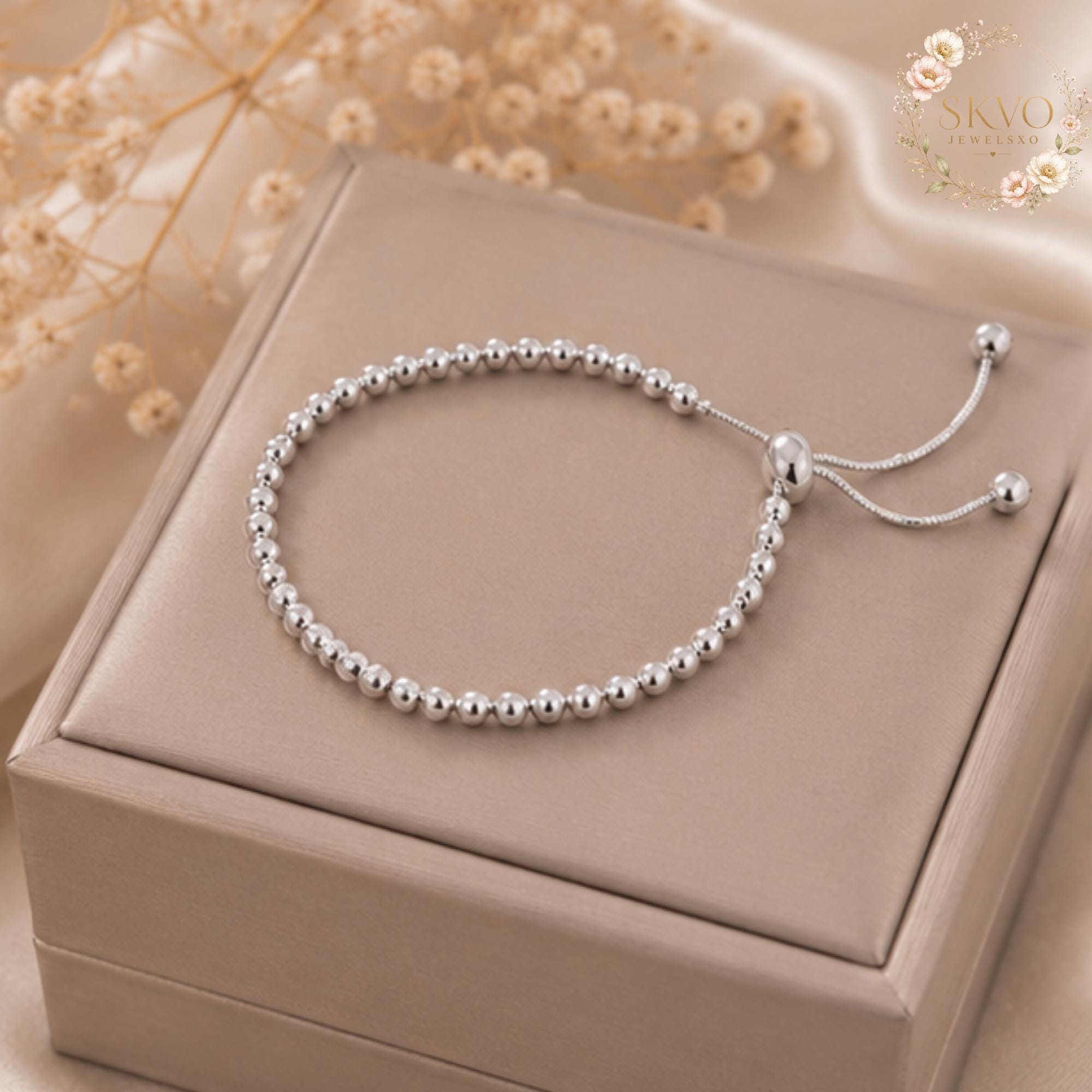 Sterling Silver Beaded Bracelet with Adjustable Sliding Closure, Minimalist Jewelry for Women, Gift for Her, Elegant and Stylish Accessory