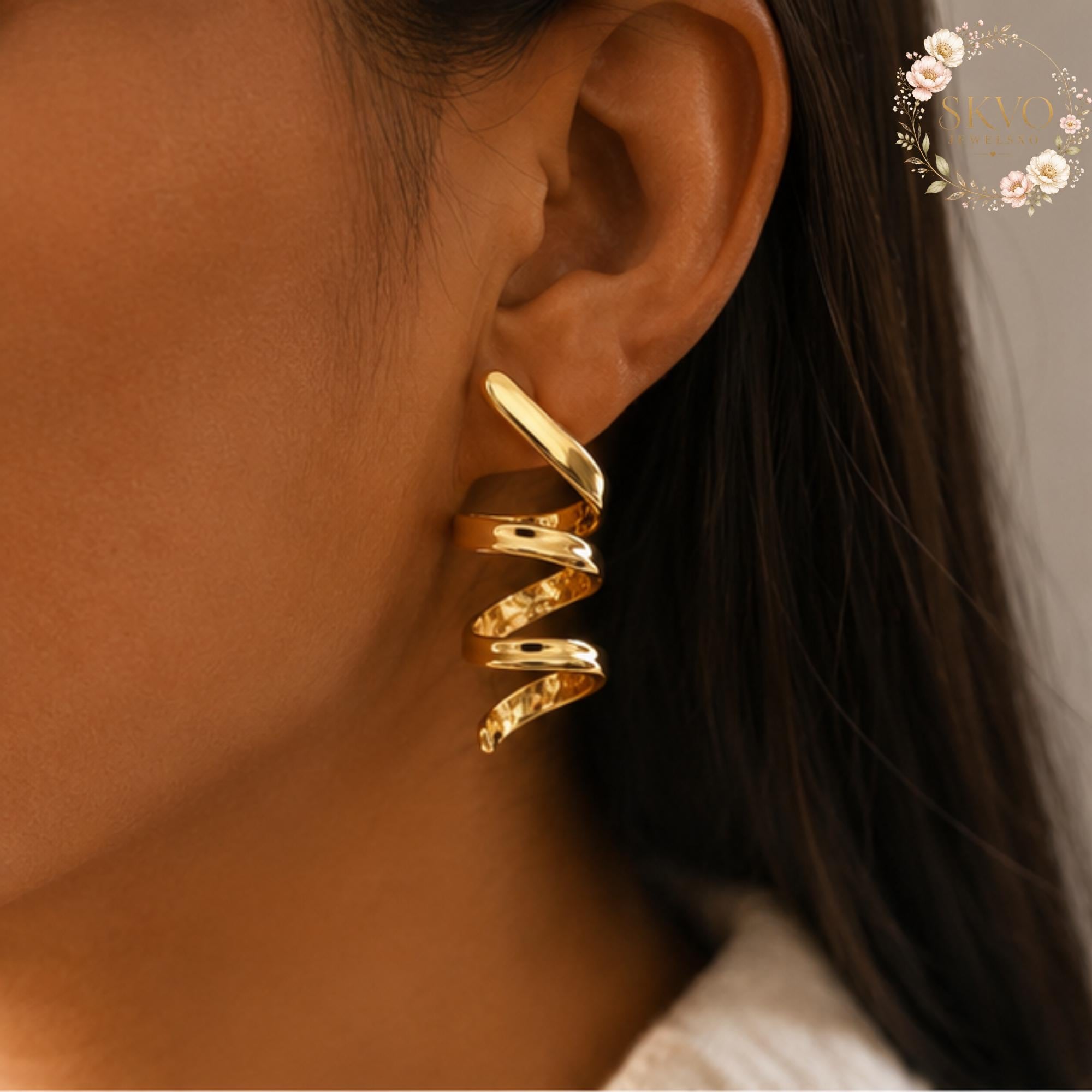 Gold Spiral Hoop Earrings, Statement Jewelry, Modern Ear Cuffs, Gift for Her, Boho Chic, Trendy Ear Accessories, Unique Gold Earrings