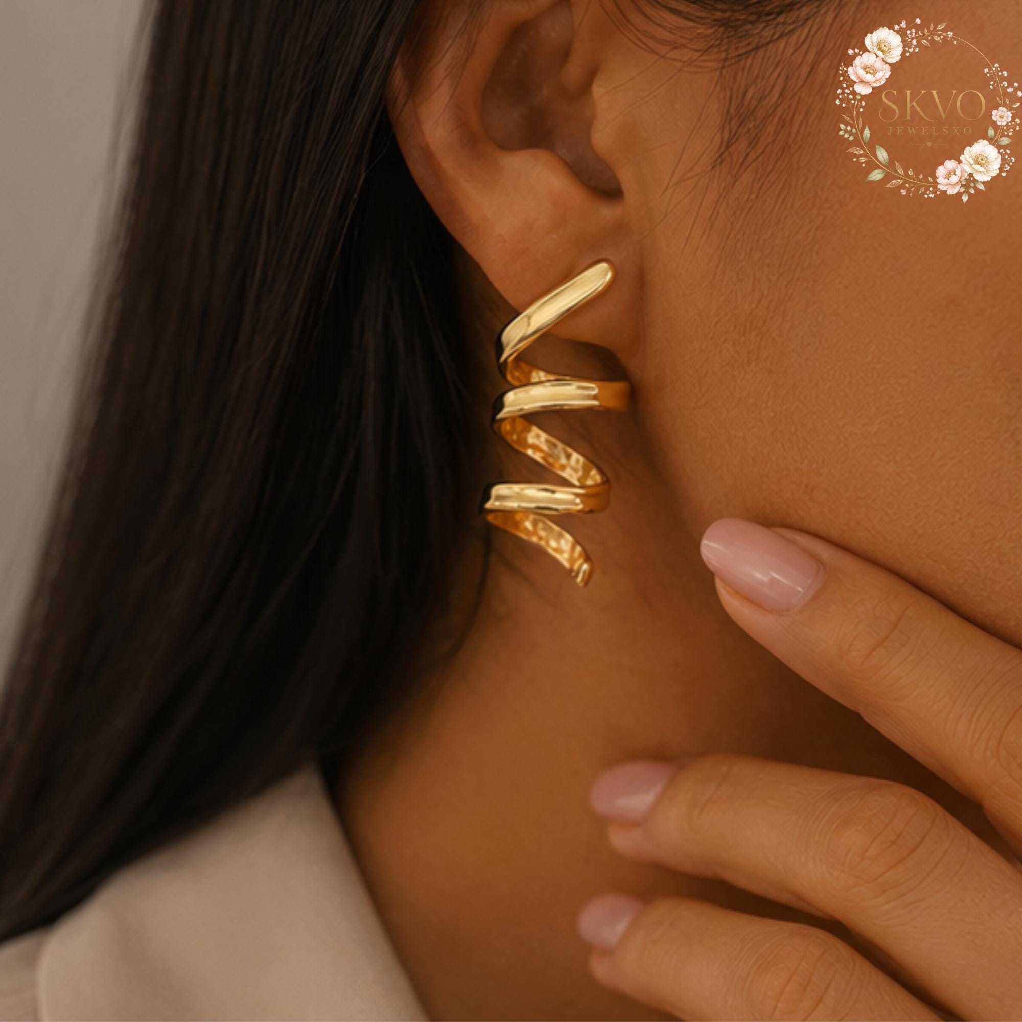 Gold Spiral Hoop Earrings, Statement Jewelry, Modern Ear Cuffs, Gift for Her, Boho Chic, Trendy Ear Accessories, Unique Gold Earrings