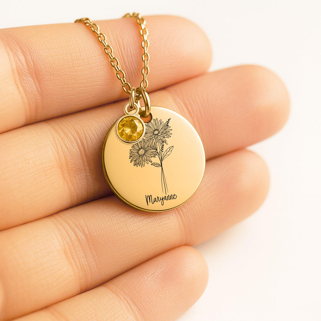 Custom Birth Flower Necklace with Birthstone, Personalized Flower Necklace Gift for Her, Birth Month Jewelry Keepsake Card